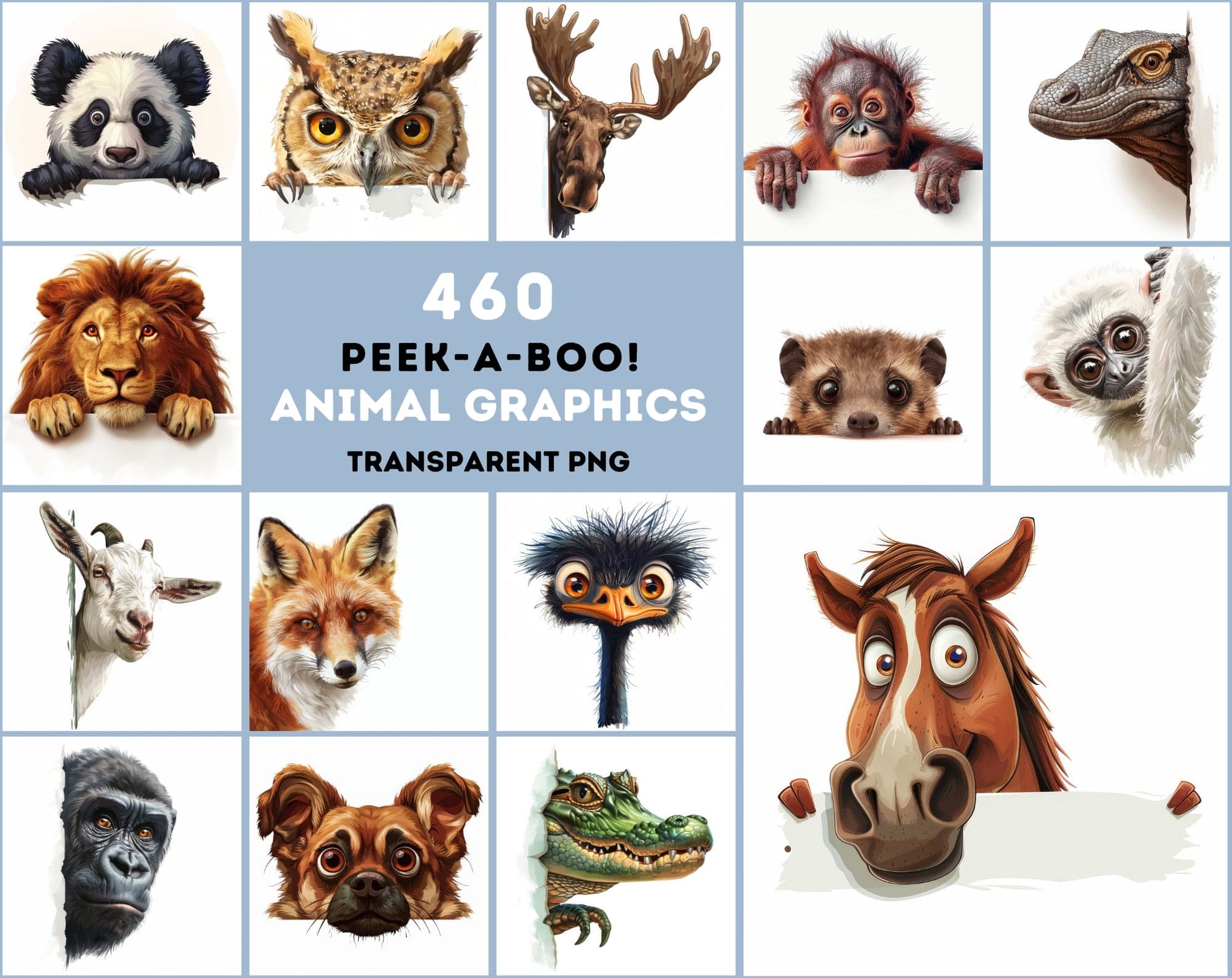Curious Creatures: 460 Animal Peek Clipart Collection Digital Download Sumobundle