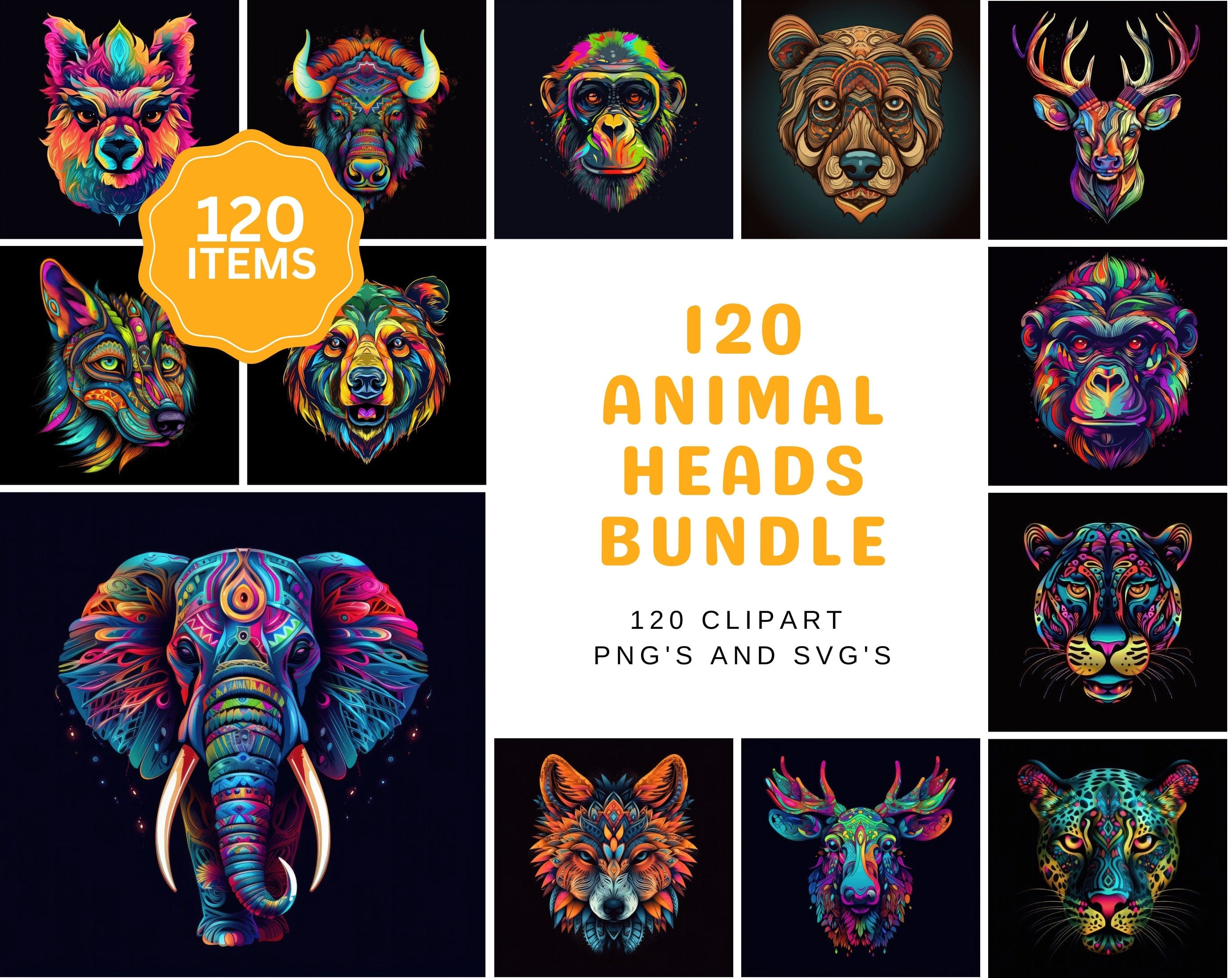 Cute Animal Heads Bundle - 120 High-Quality, Multicolored Vector Images for Tshirts, Wall art , Crafts, Digital Art, Clipart Bundle Digital Download Sumobundle