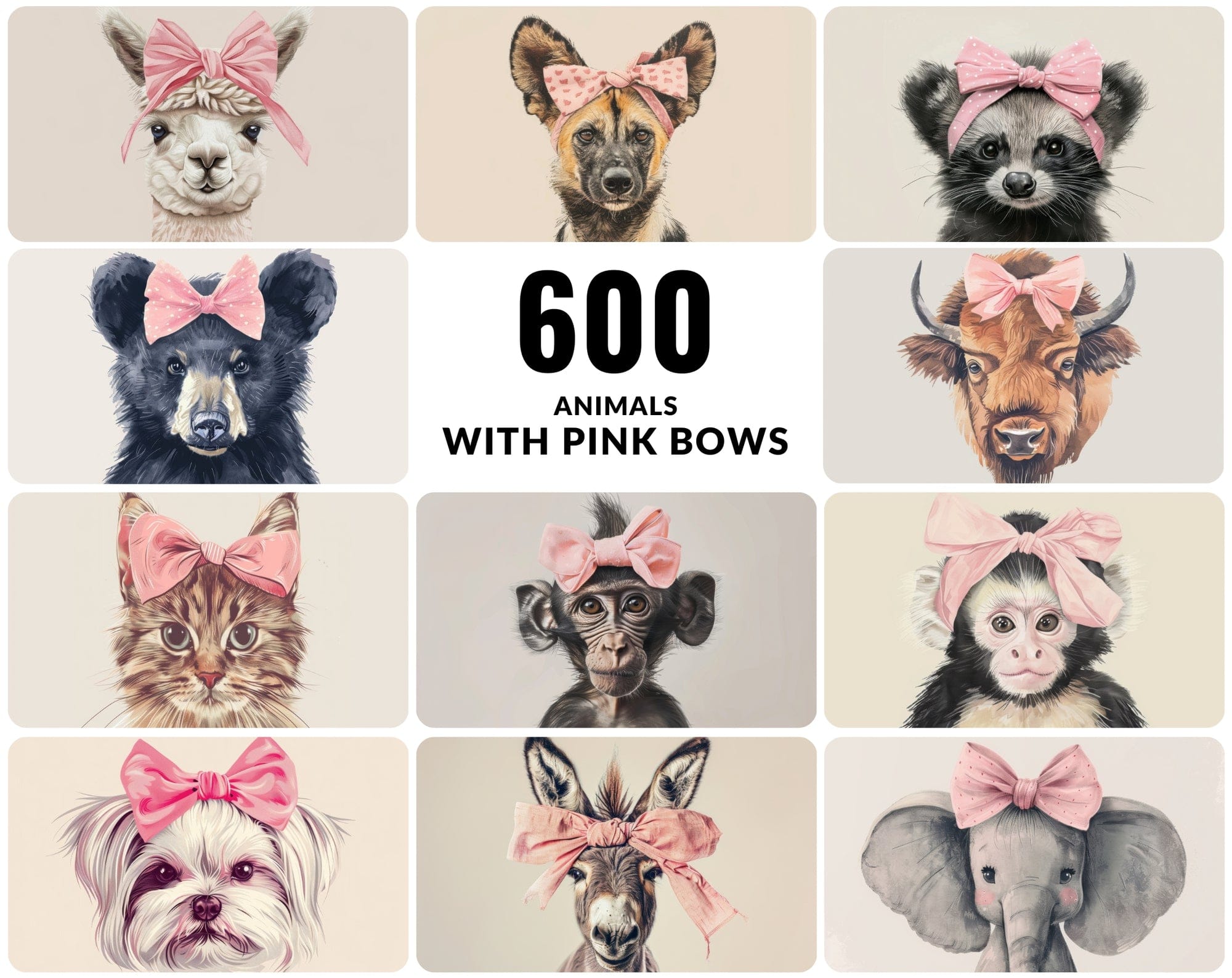 Cute Animal Images with Pink Bow - 600 High-Resolution JPGs - Commercial License Included Digital Download Sumobundle