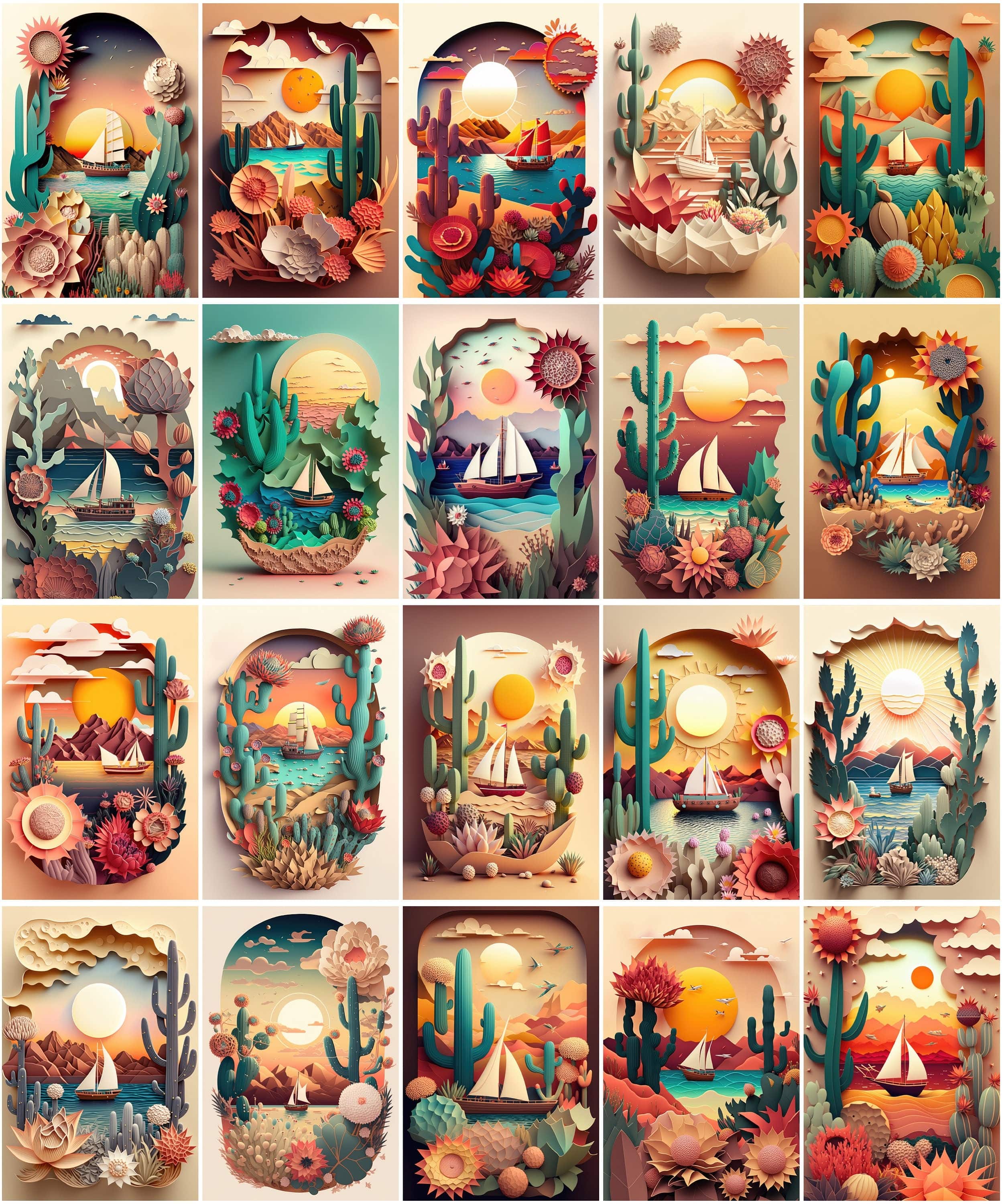 Dreamy Summer Paper Art Bundle - 75 Images - Sun, Sea, Boat, Plants, Cactus, Desert, Flowers, Auspicious Clouds - Paper Cuttings Collection Digital Download Sumobundle
