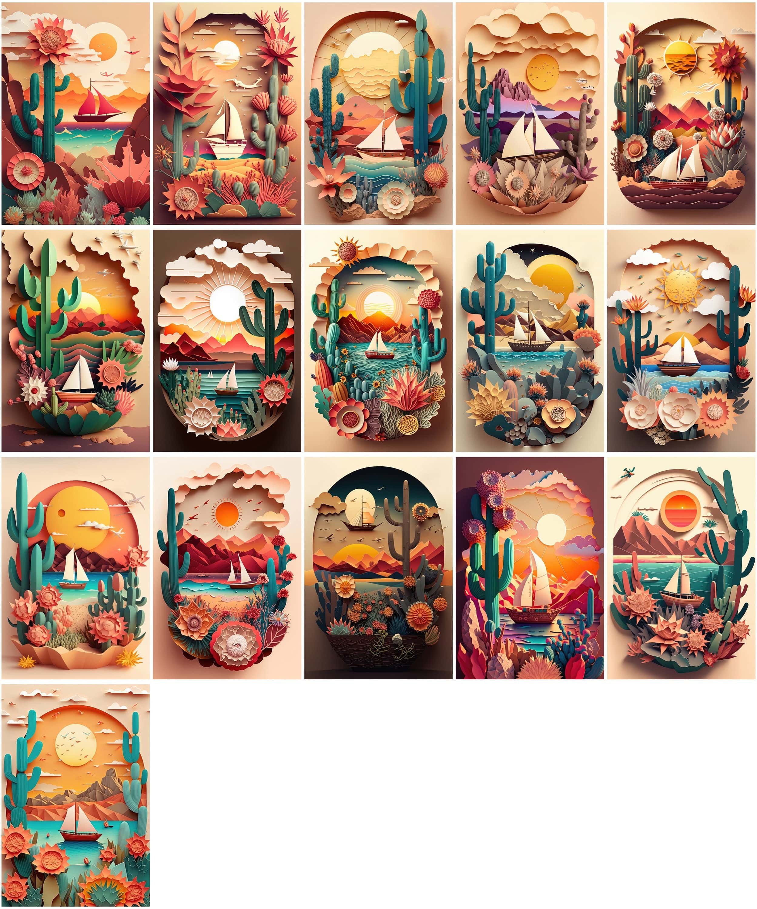 Dreamy Summer Paper Art Bundle - 75 Images - Sun, Sea, Boat, Plants, Cactus, Desert, Flowers, Auspicious Clouds - Paper Cuttings Collection Digital Download Sumobundle