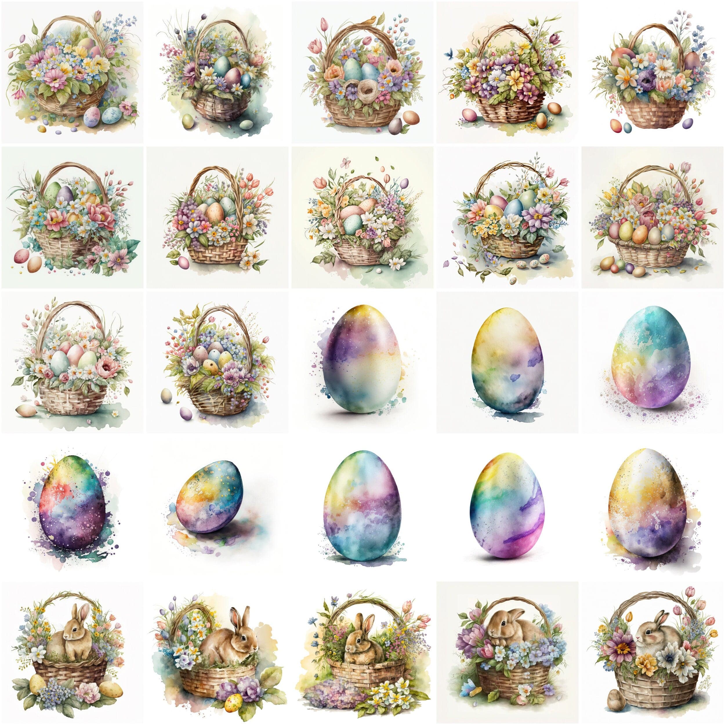 Easter Watercolor Clipart Easter bunny rabbit clipart, Spring flowers, Easter basket with eggs, Easter Trasnparent PNG Format Digital Download Sumobundle