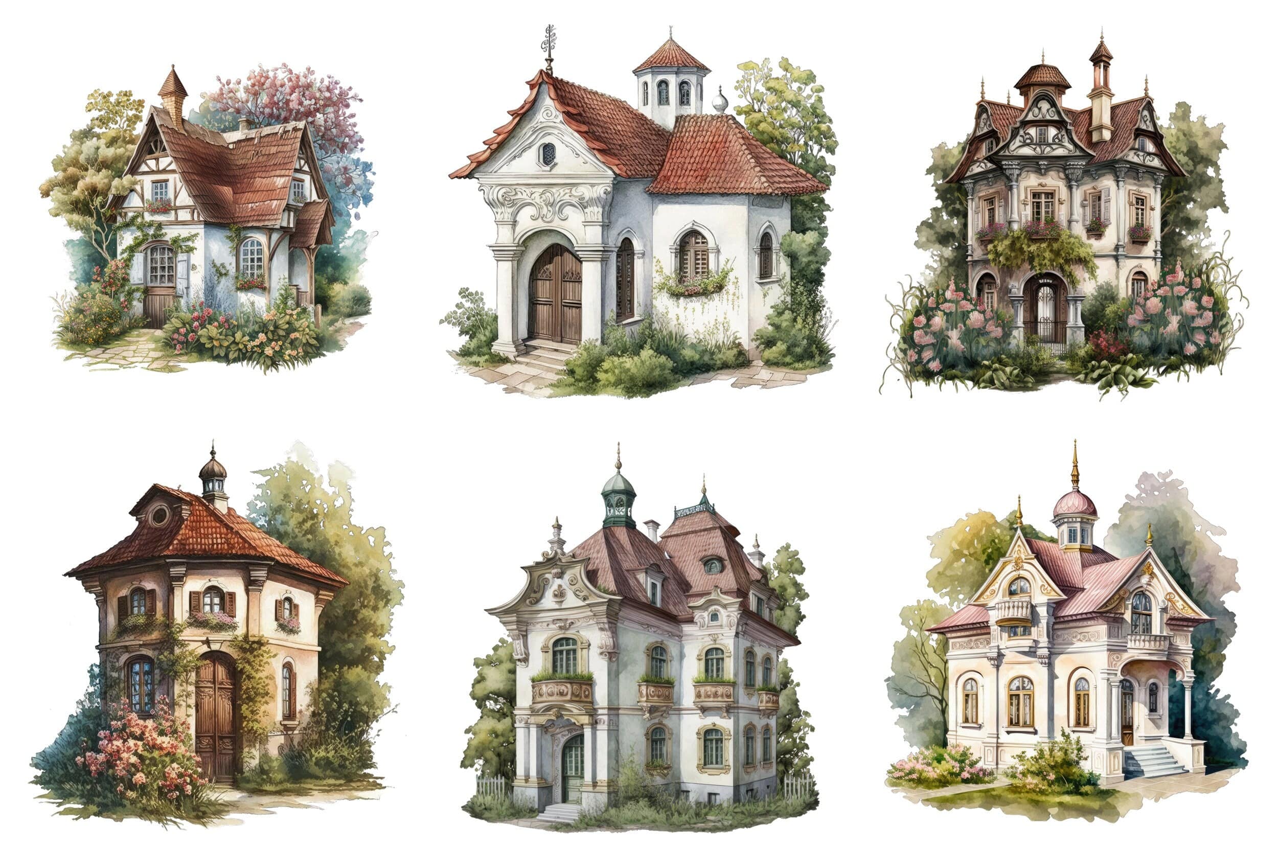 Elegant Baroque Cottage Watercolor Set - 65 Transparent Images for Your Creative Projects Digital Download Sumobundle