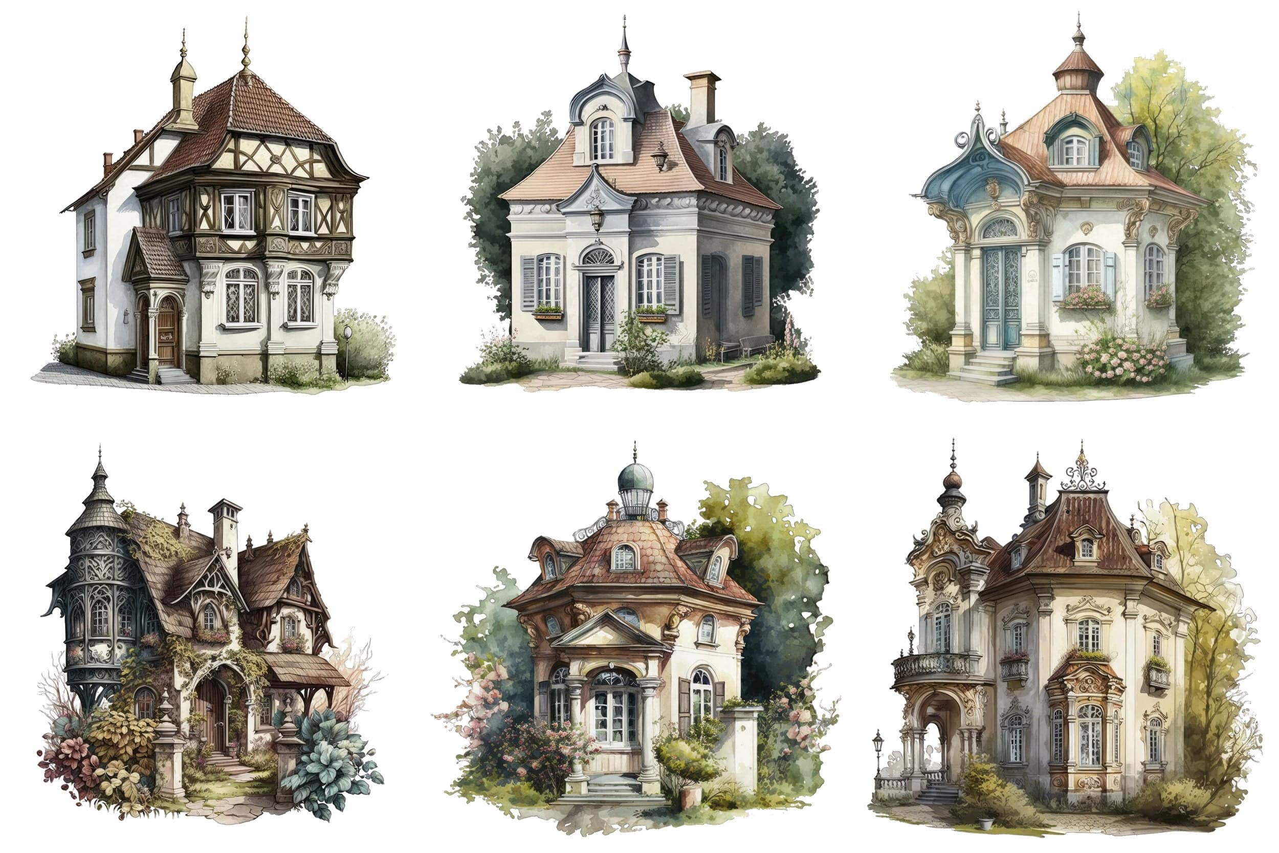Elegant Baroque Cottage Watercolor Set - 65 Transparent Images for Your Creative Projects Digital Download Sumobundle