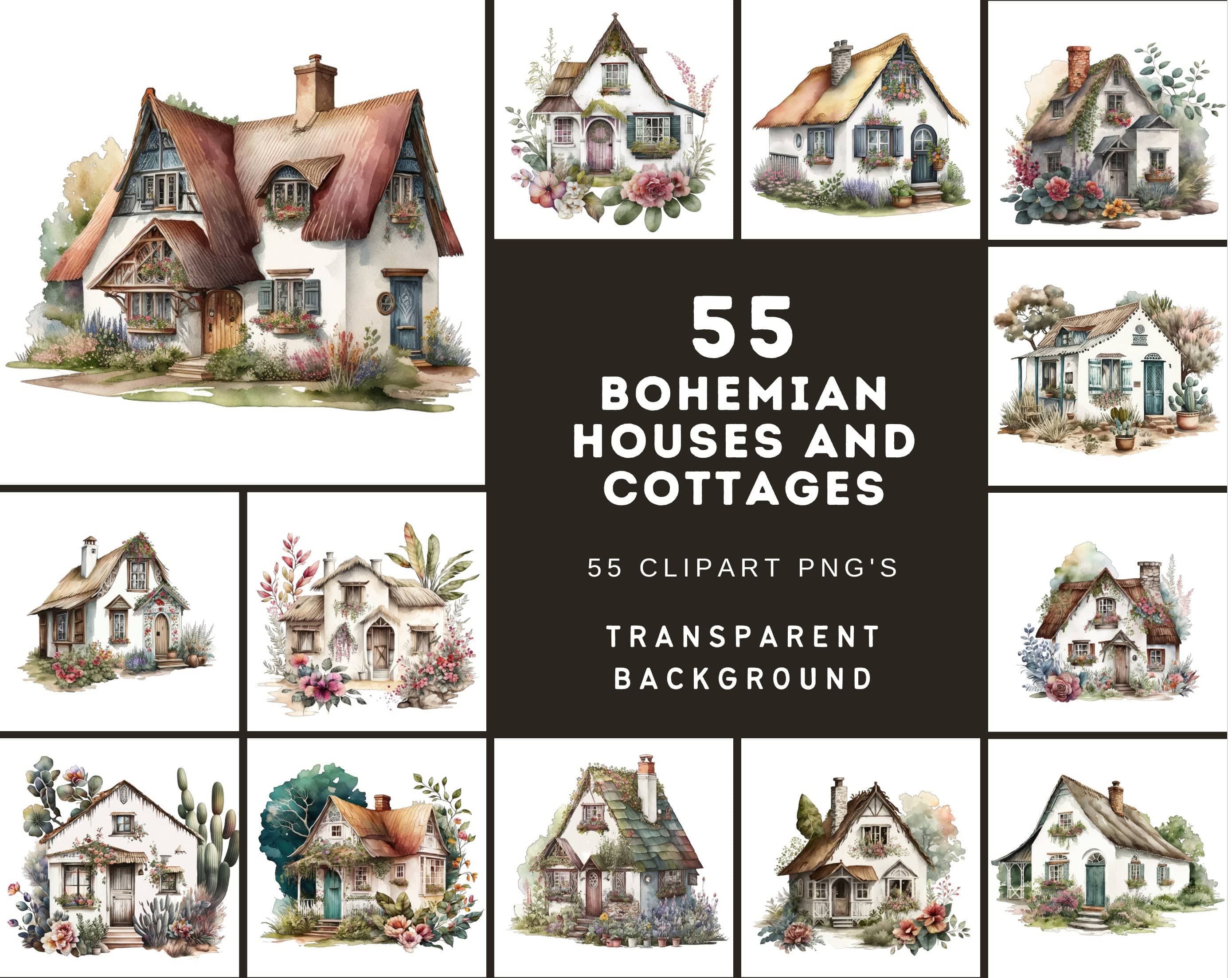 Enchanting Bohemian House & Cottage Image Bundle - 55 Unique, Boho Chic Home Transparent Illustrations for Digital and Print Projects Digital Download Sumobundle