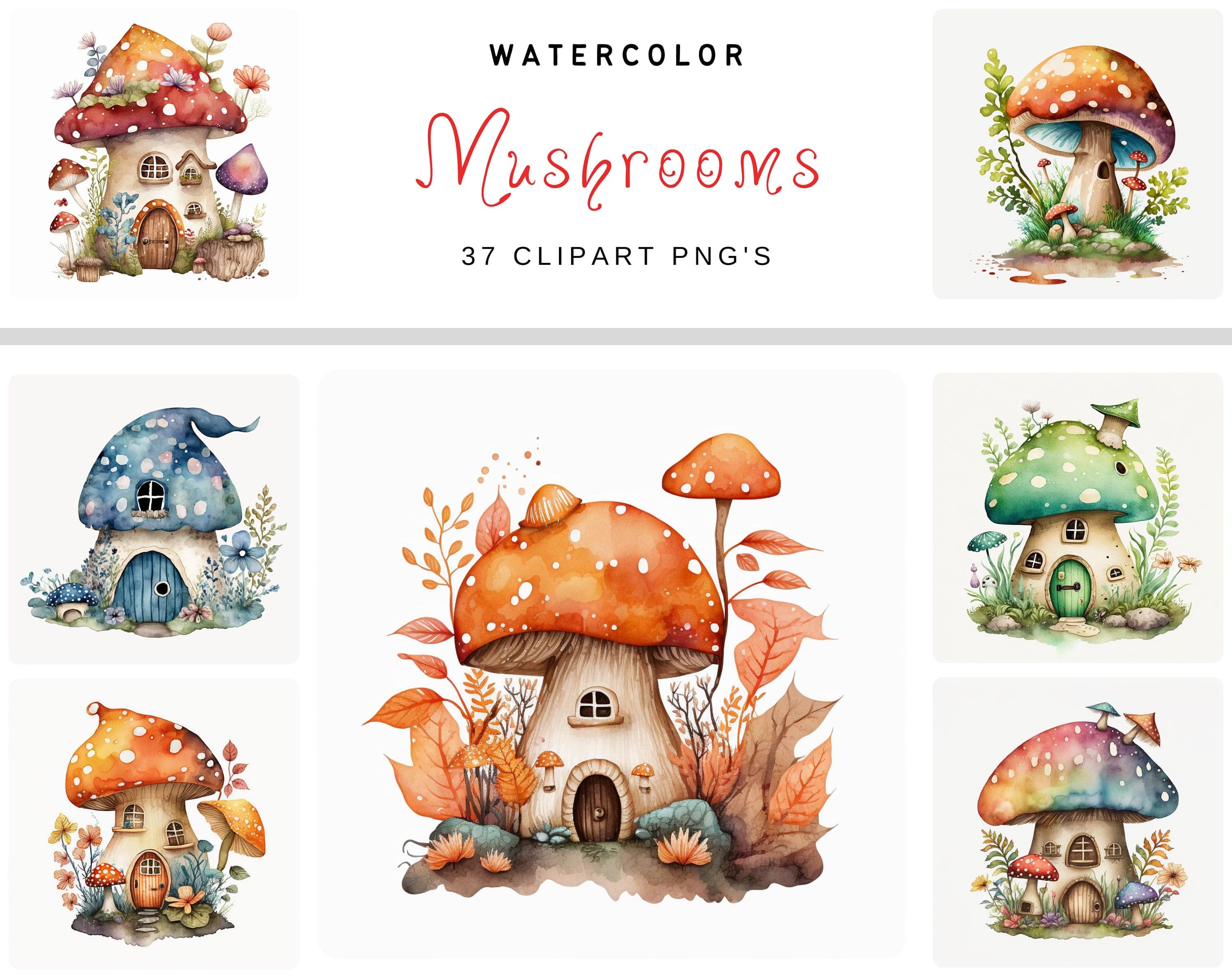 Enchanting Fairy Mushroom House Clipart, 37 Watercolor PNG Illustrations, Sublimation, Commercial License, Fairy Watercolor Mushroom House Digital Download Sumobundle