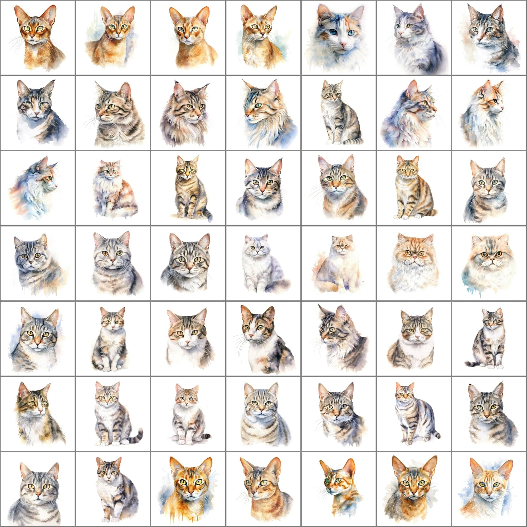 Exquisite Collection of 550 Watercolor Feline Breed Images - Inclusive of Commercial Rights Digital Download Sumobundle