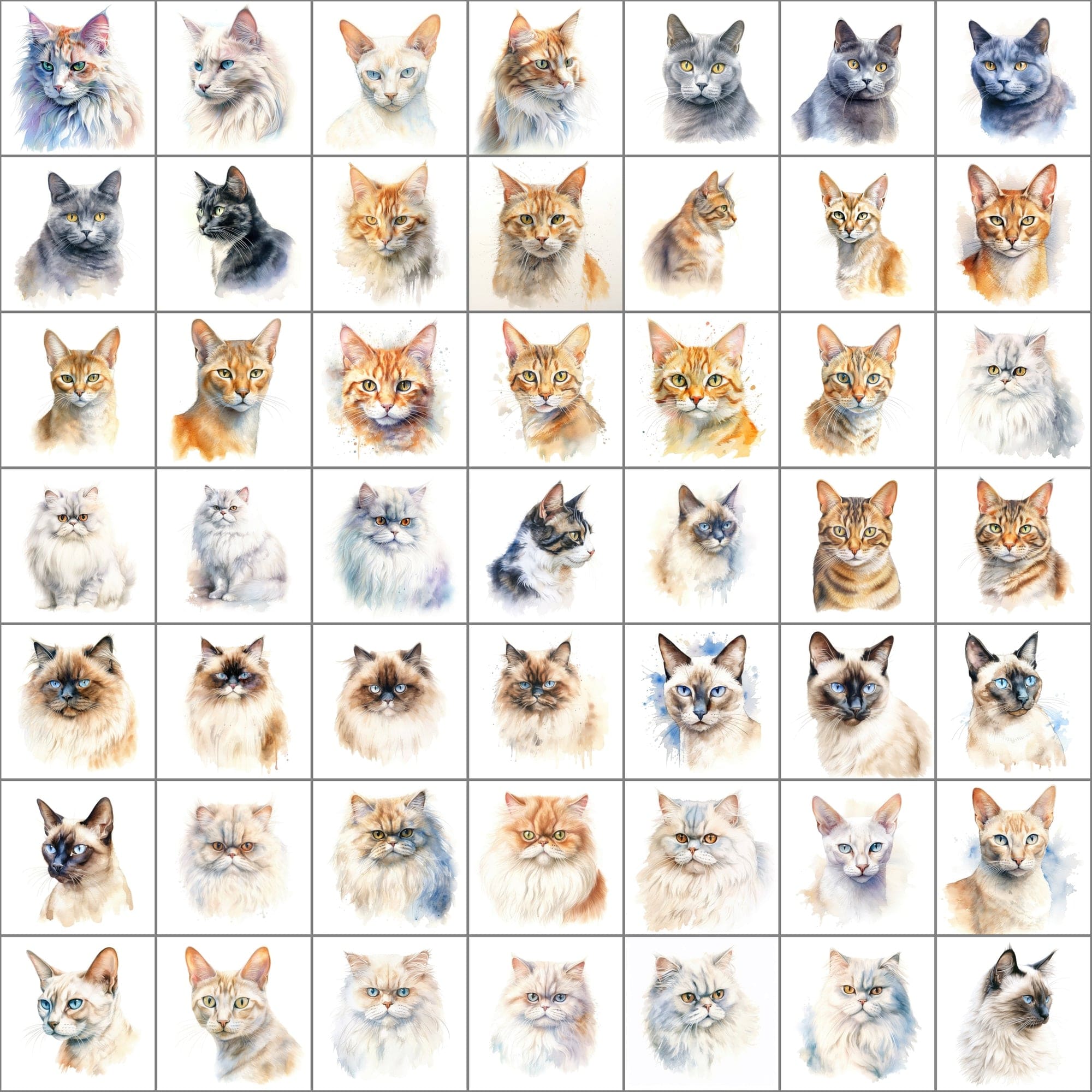 Exquisite Collection of 550 Watercolor Feline Breed Images - Inclusive of Commercial Rights Digital Download Sumobundle