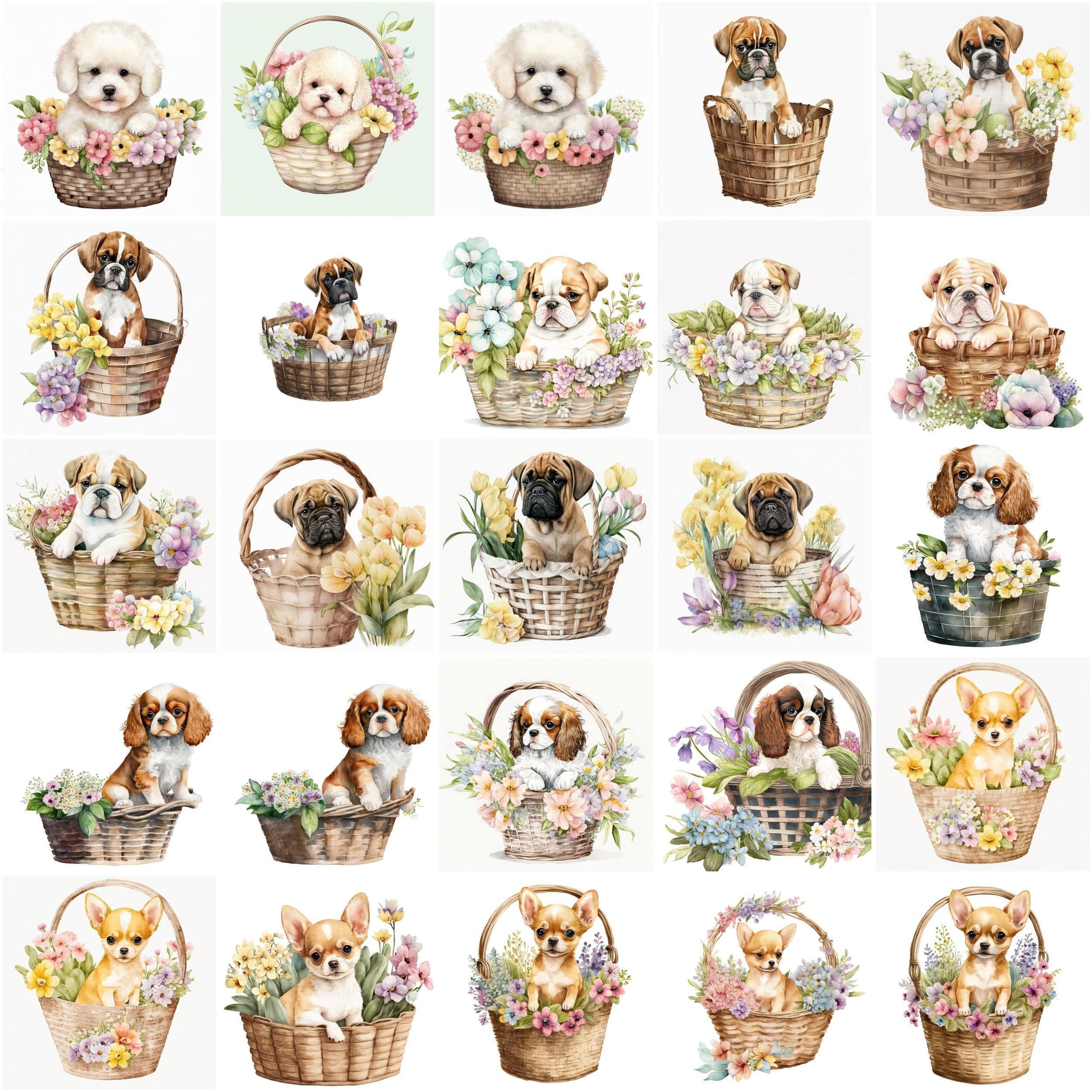 Fall in Love with These Watercolour Transparent 115 Baby Puppies in Basket Clipart, Perfect for Creating Whimsical Designs - Commercial Use Digital Download Sumobundle
