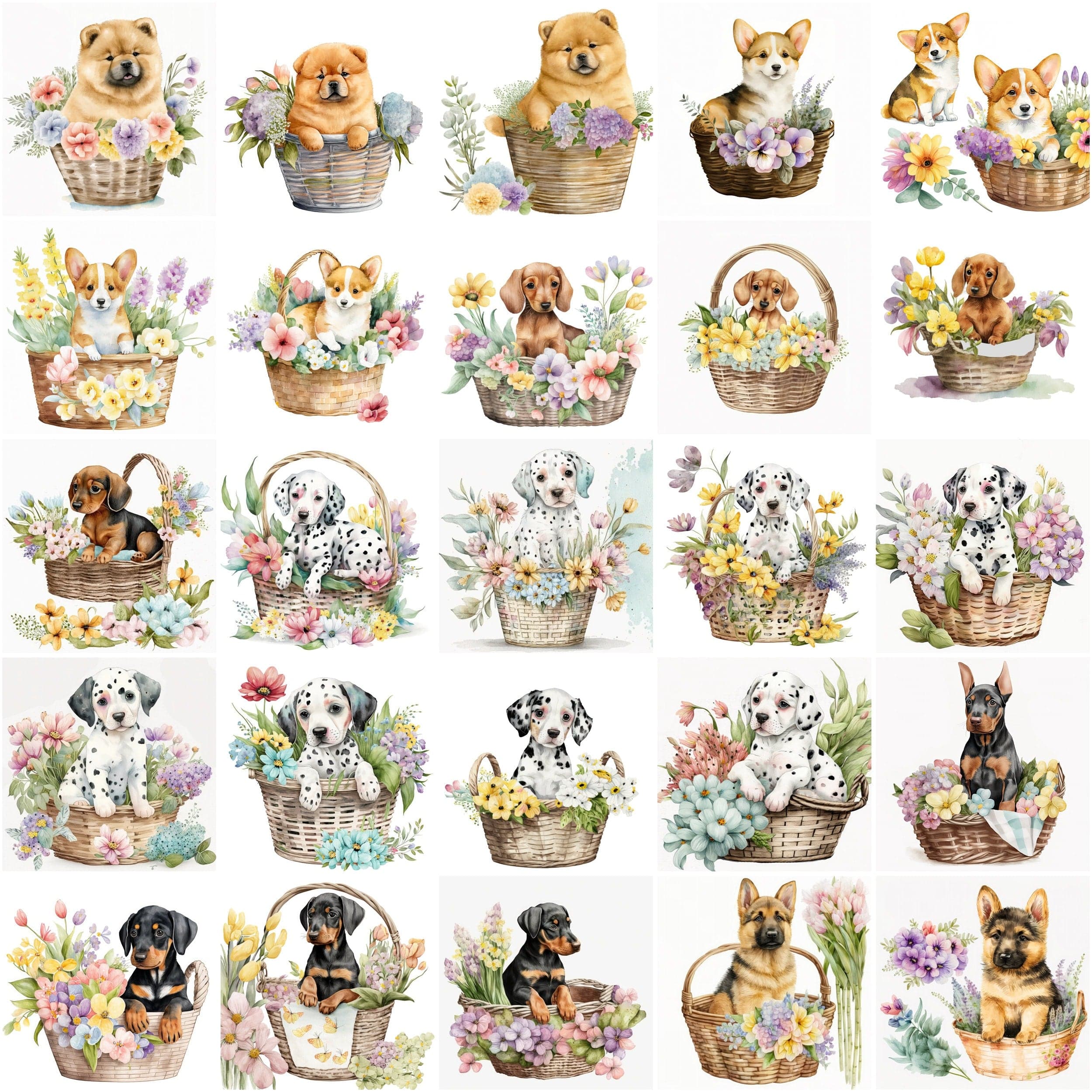 Fall in Love with These Watercolour Transparent 115 Baby Puppies in Basket Clipart, Perfect for Creating Whimsical Designs - Commercial Use Digital Download Sumobundle