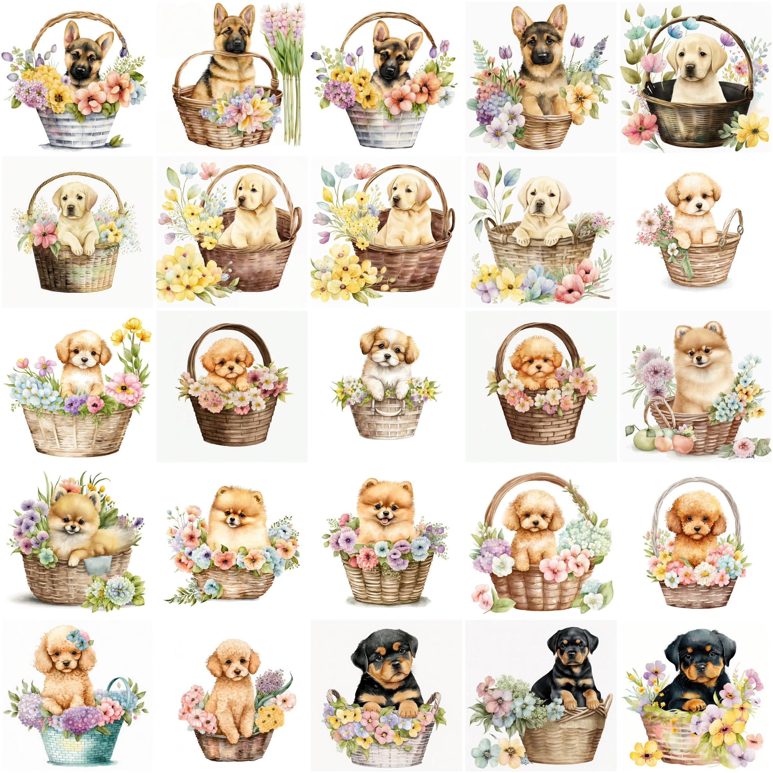 Fall in Love with These Watercolour Transparent 115 Baby Puppies in Basket Clipart, Perfect for Creating Whimsical Designs - Commercial Use Digital Download Sumobundle