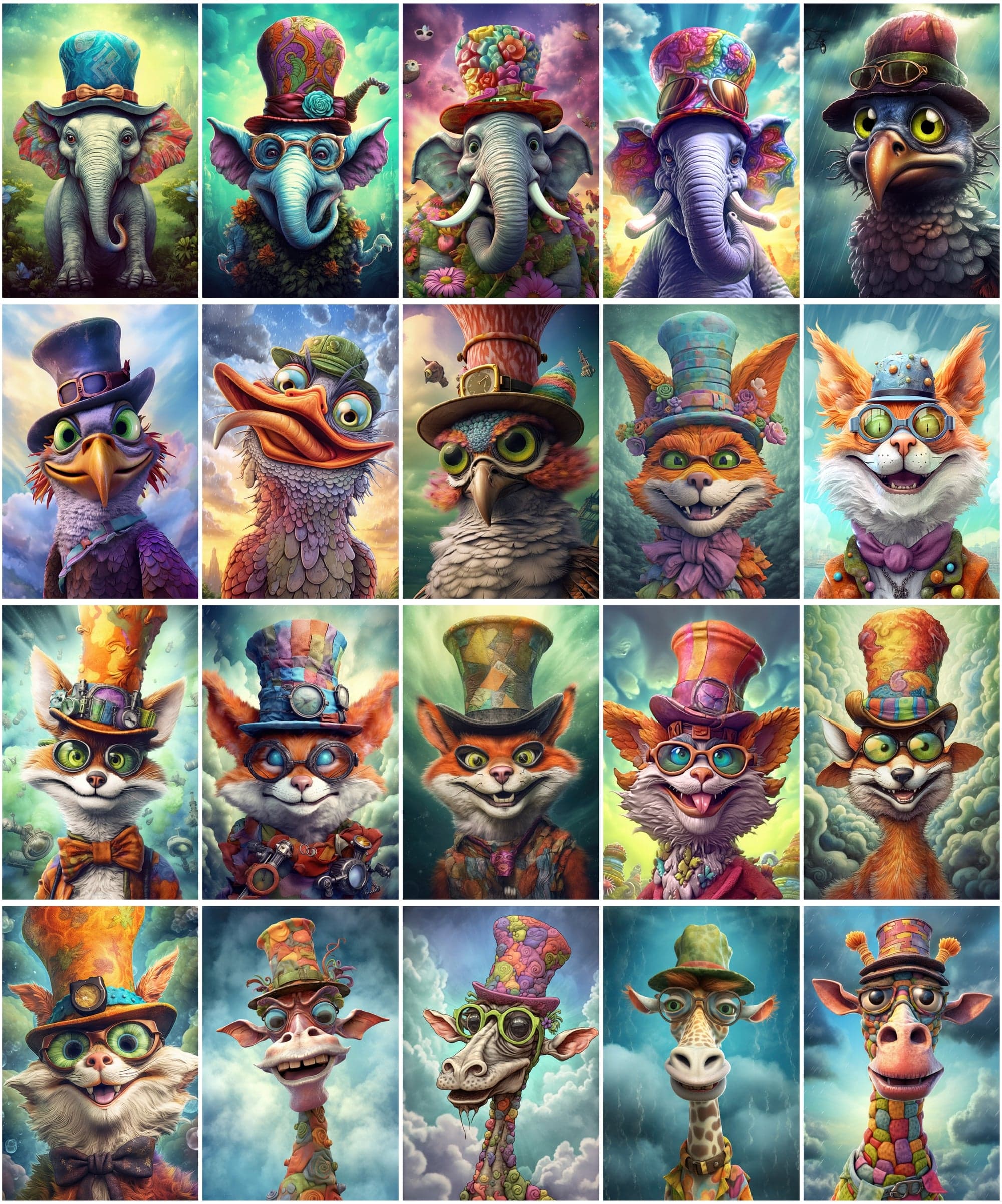 Get 170 Whimsical Surreal Animal PNG Images Bundle, Colourful Characters with Big Grins Digital Download Sumobundle