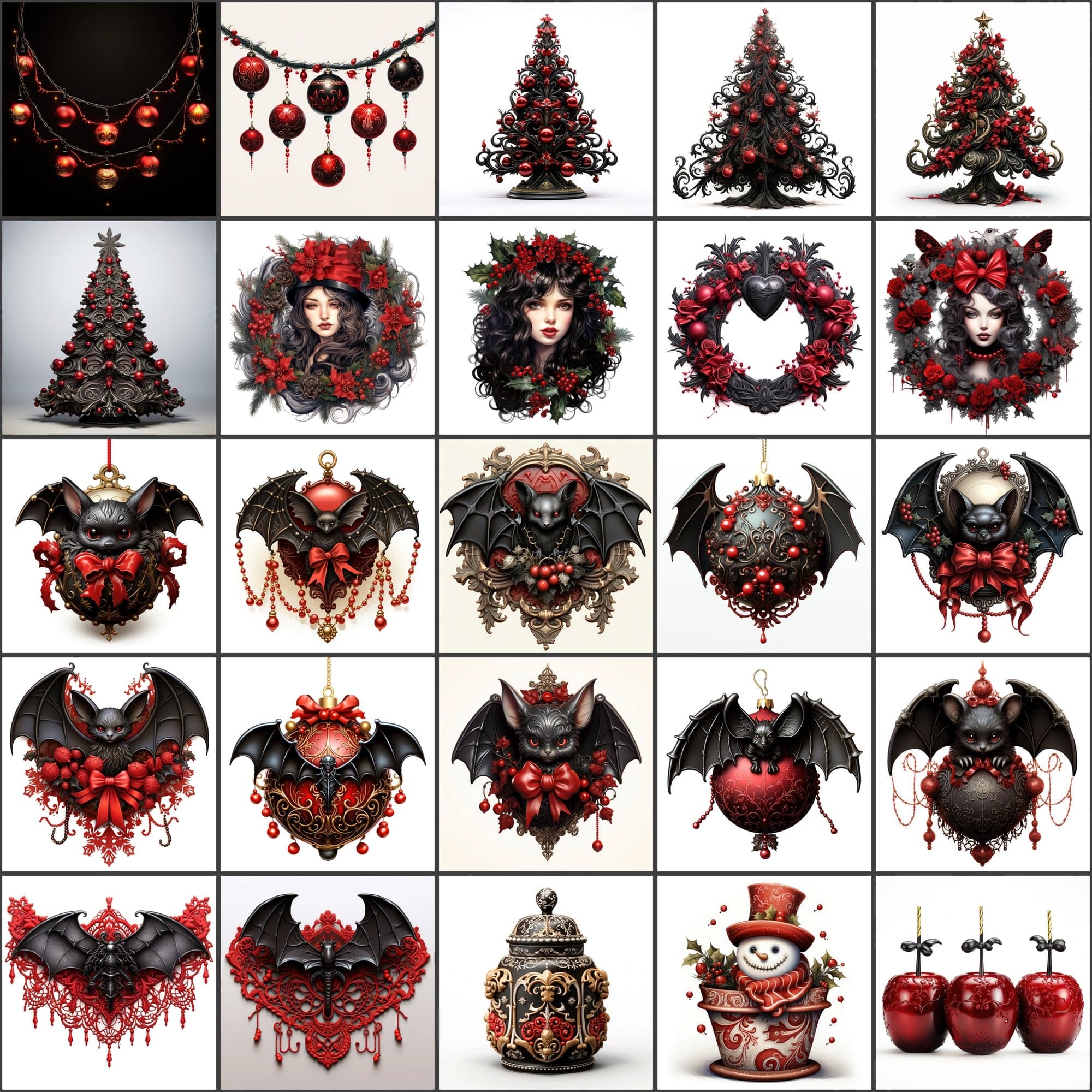 Gothic Christmas Images, Red and Black PNG, High-Resolution Digital Art, Commercial License Included Digital Download Sumobundle