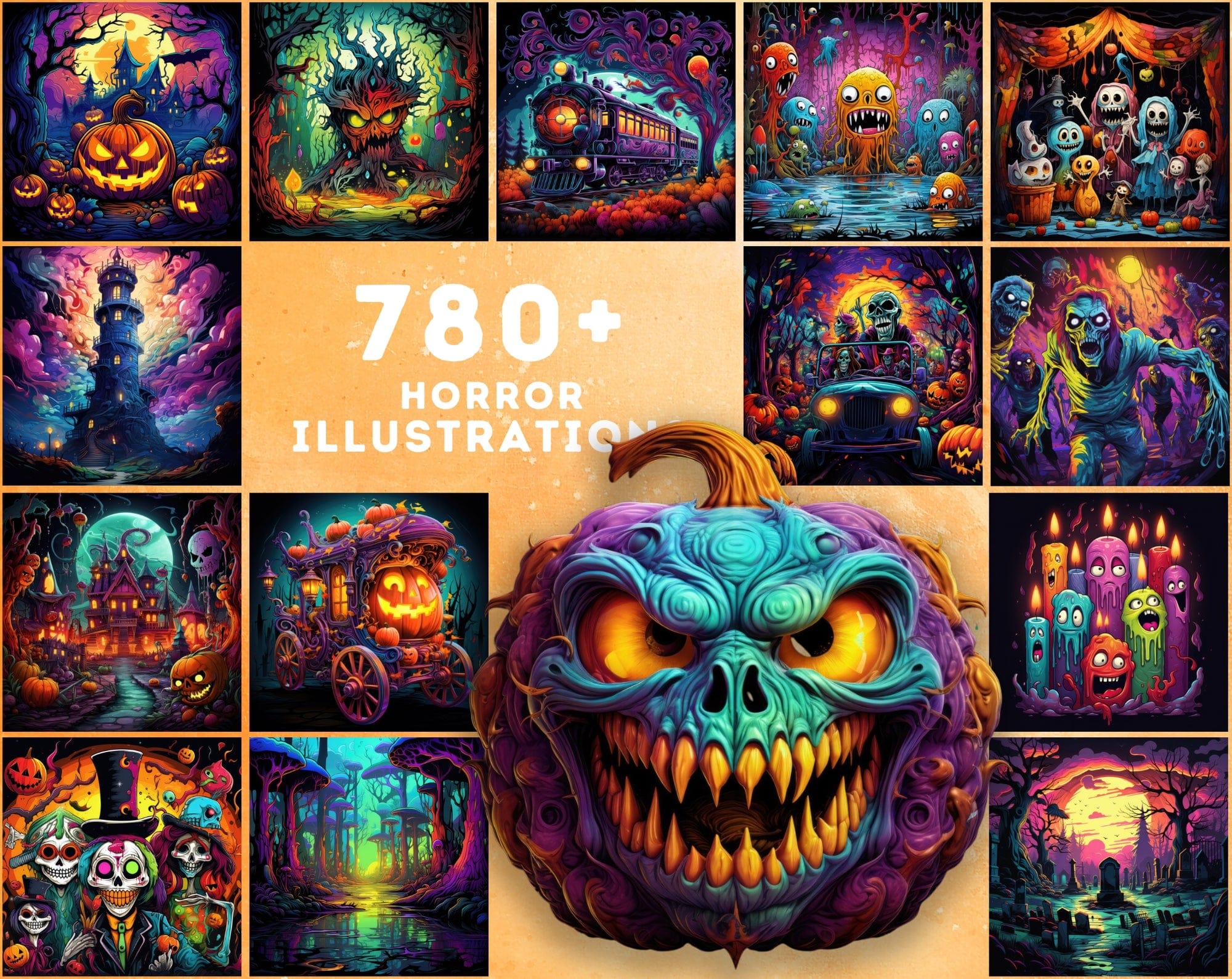 Halloween & Horror PNG Illustrations Pack - 780 High-Quality Colorful Images, Commercial License Included Digital Download Sumobundle