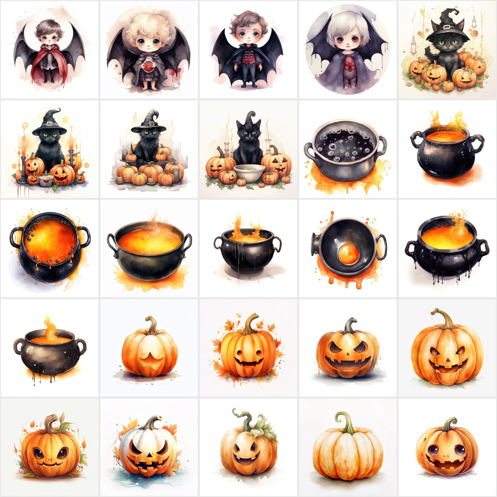 Halloween Watercolor Illustrations: 195 PNGs with Commercial License Digital Download Sumobundle