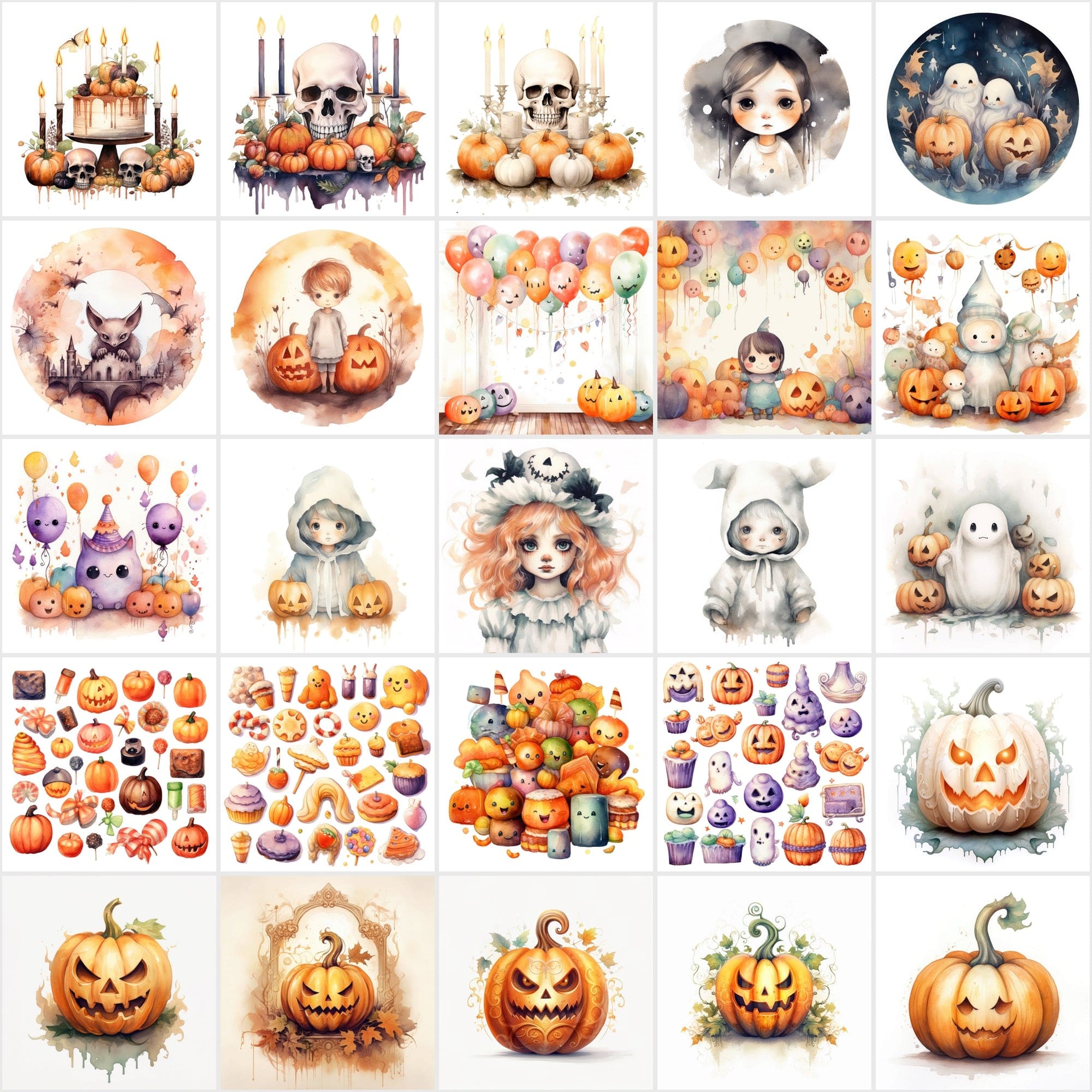 Halloween Watercolor Illustrations: 195 PNGs with Commercial License Digital Download Sumobundle