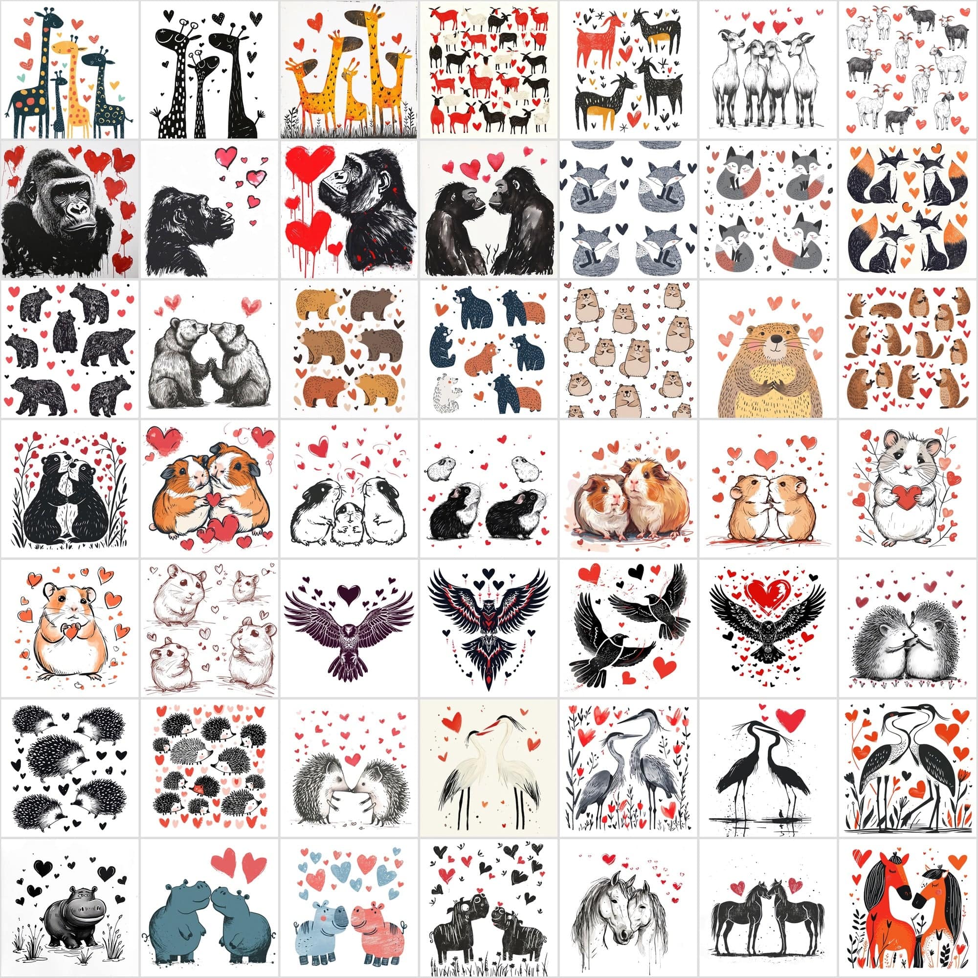 Hand-Drawn Animal Heart Illustrations - Unique, Funny Digital Art with Commercial License Digital Download Sumobundle