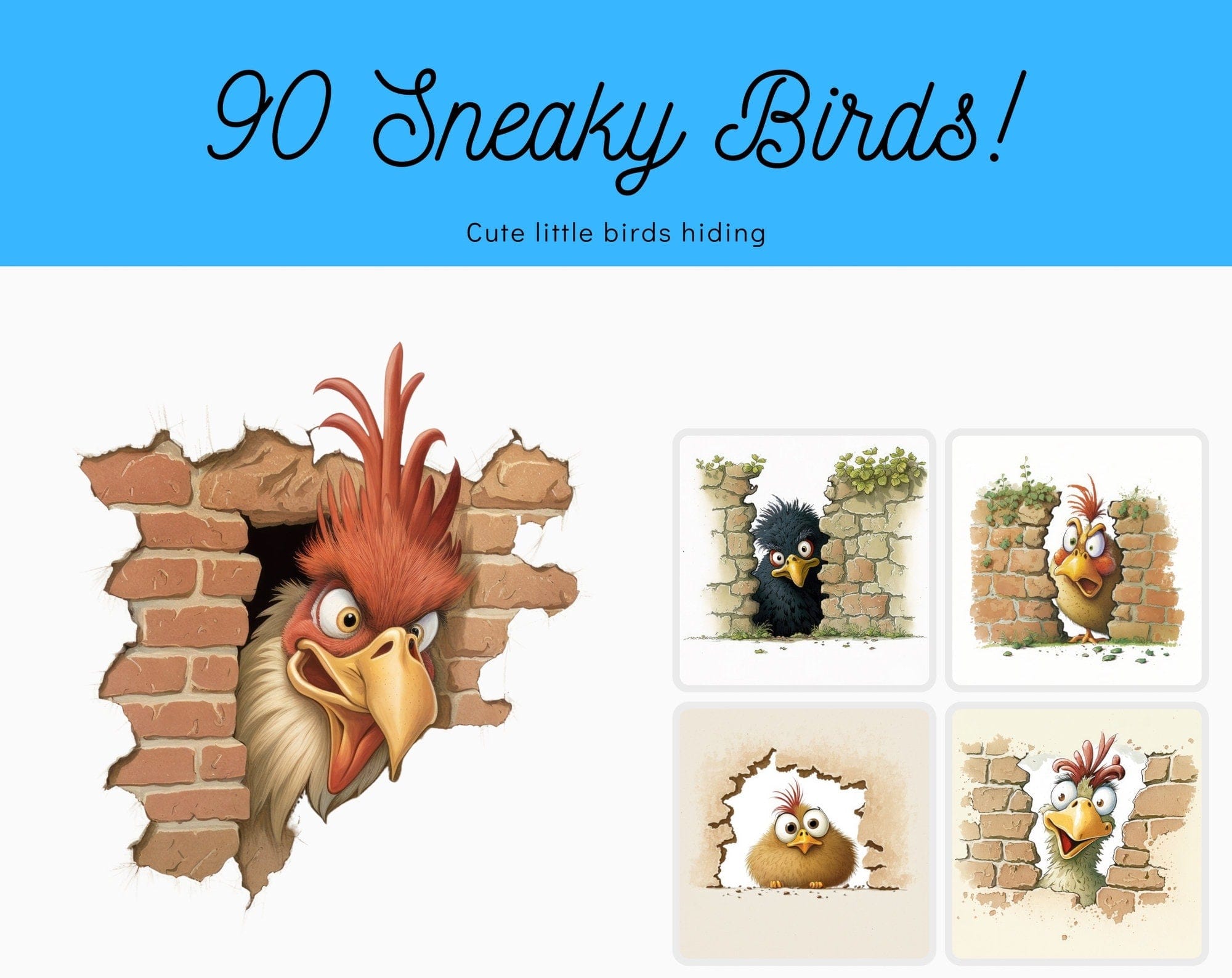 Hilarious Bird Hide & Seek Bundle: 90 Adorable Images of Birds Hiding Behind Walls - Commercial use Digital Download Sumobundle
