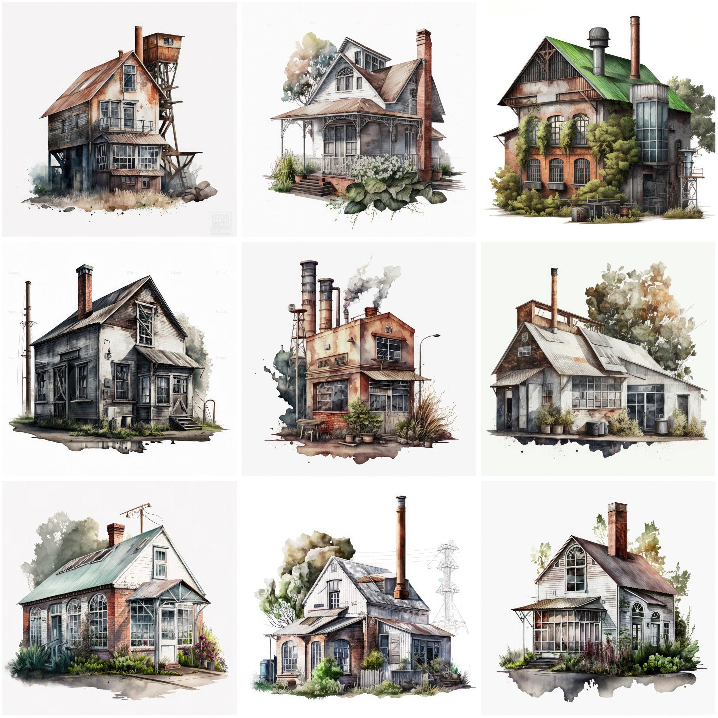 Industrial Cottage Watercolor Bundle - 55 Unique Designs, Rustic Houses PNGs, No Background Option, Printable Wall Art Decor Digital Download Sumobundle