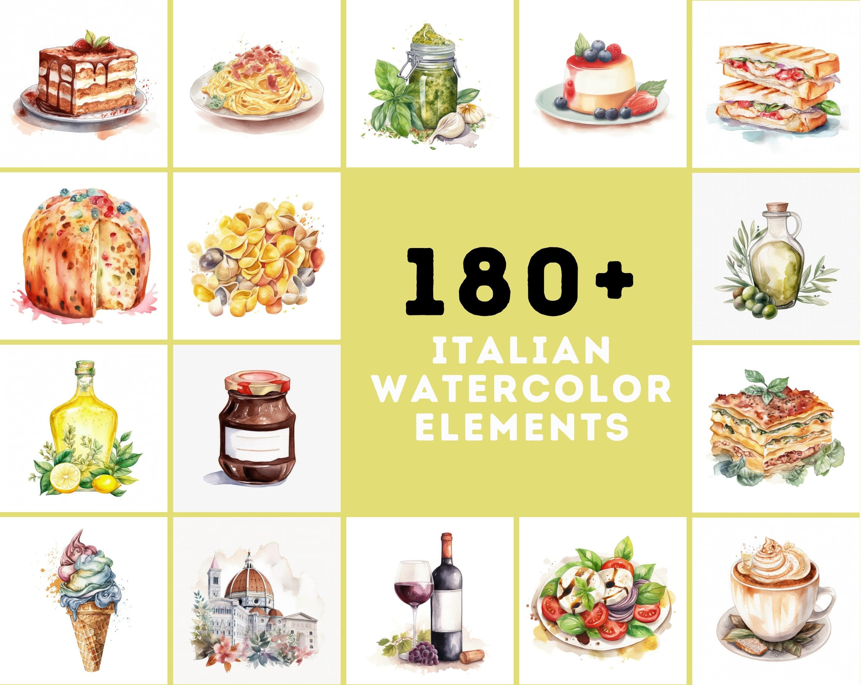 Italian Watercolor Elements, 180 High-Resolution Images with Commercial License Digital Download Sumobundle