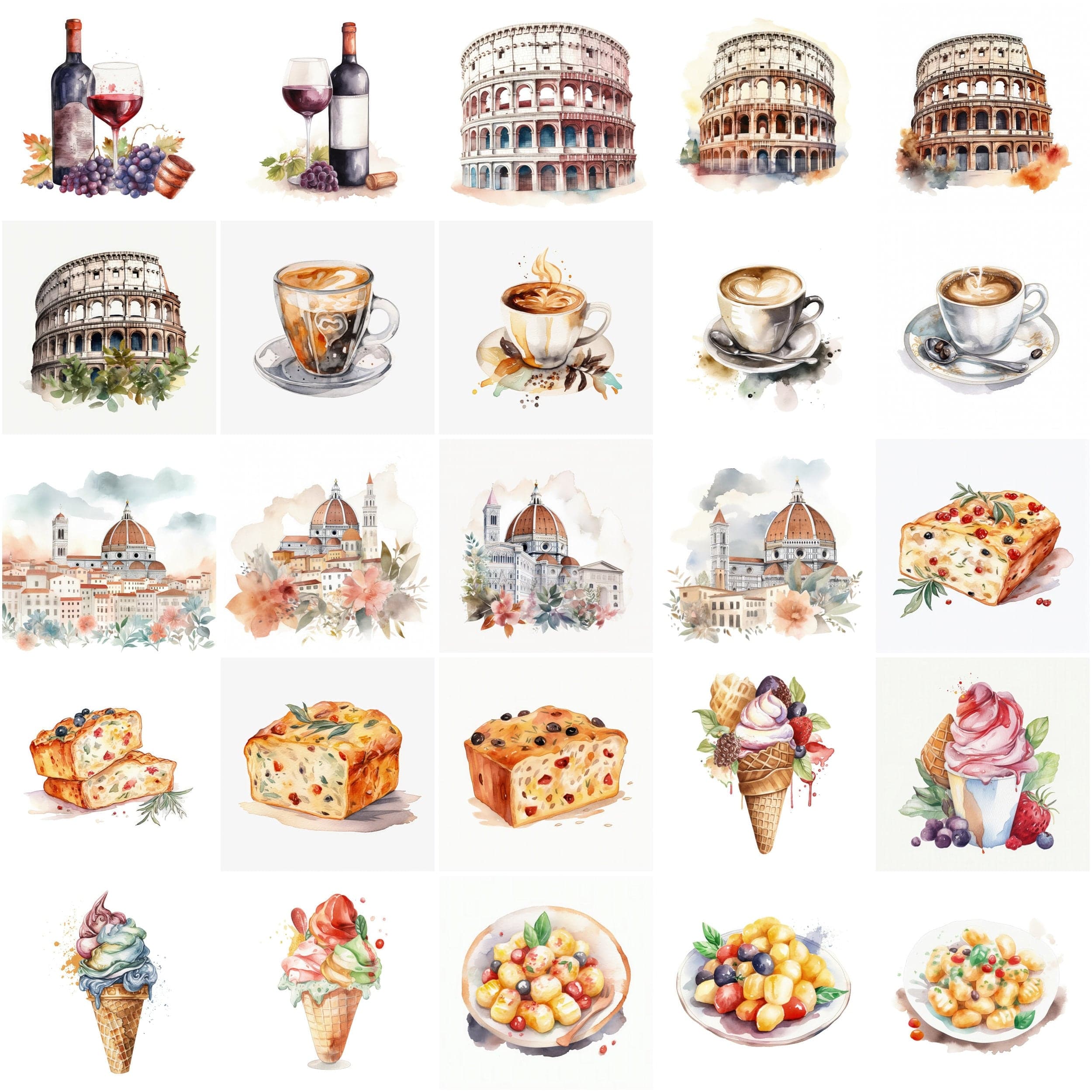 Italian Watercolor Elements, 180 High-Resolution Images with Commercial License Digital Download Sumobundle