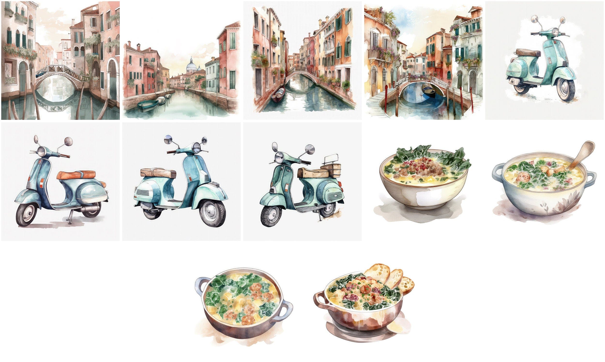 Italian Watercolor Elements, 180 High-Resolution Images with Commercial License Digital Download Sumobundle