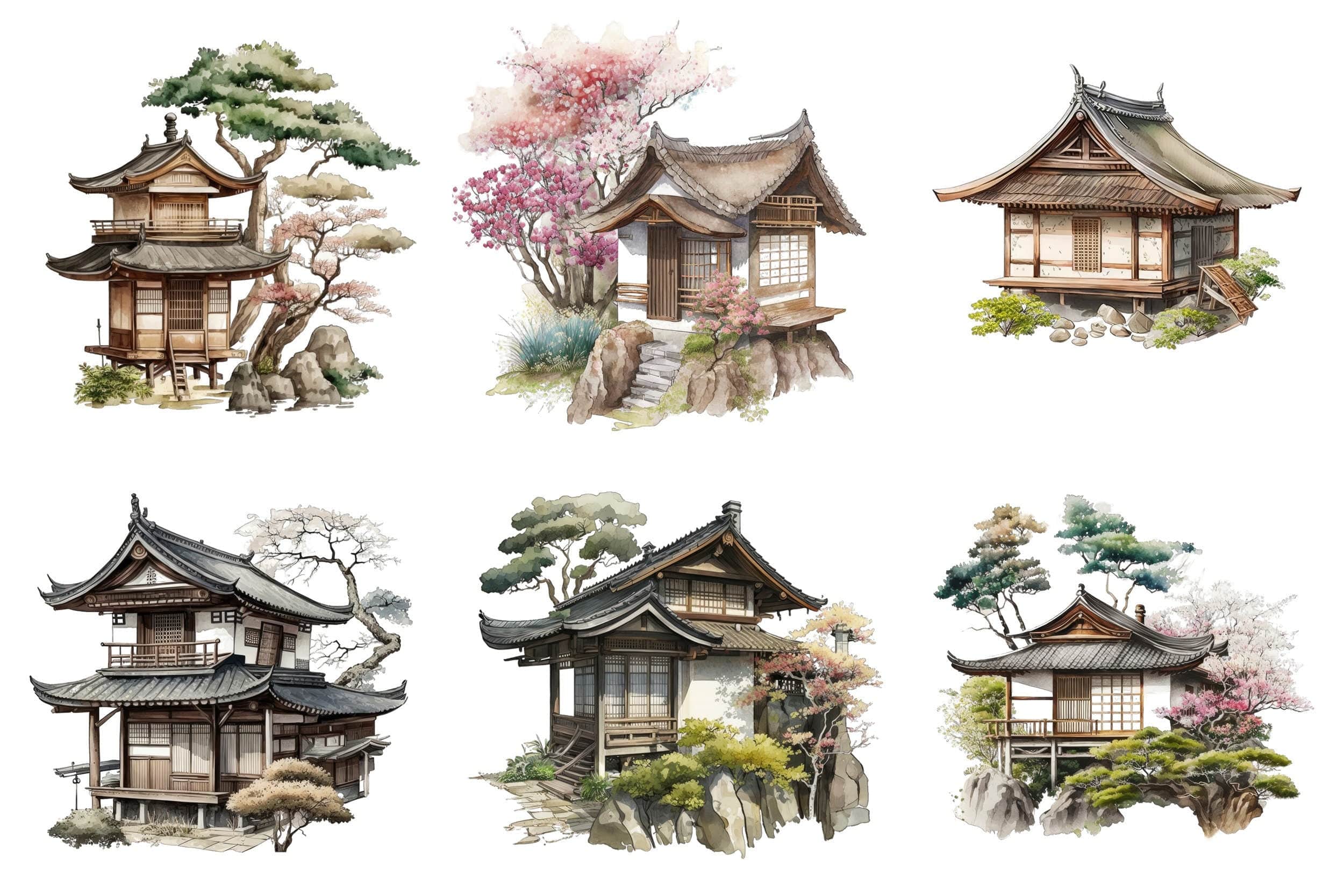 Japanese Cottage House Watercolor Bundle, 60 Images with Japanese PNG Houses, Cottage clipart, Japanese Cottage clipart, Japanese Houses Digital Download Sumobundle