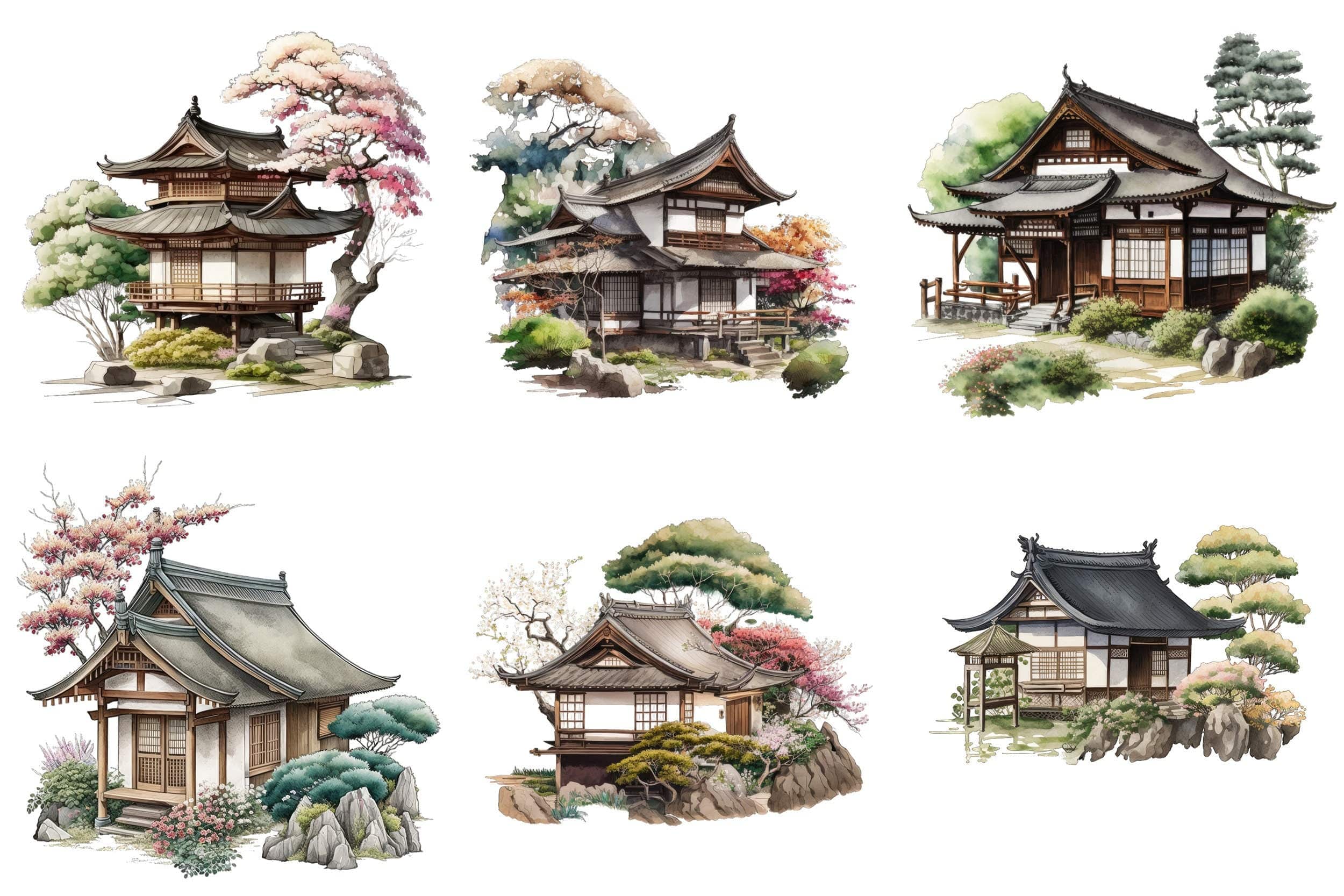 Japanese Cottage House Watercolor Bundle, 60 Images with Japanese PNG Houses, Cottage clipart, Japanese Cottage clipart, Japanese Houses Digital Download Sumobundle