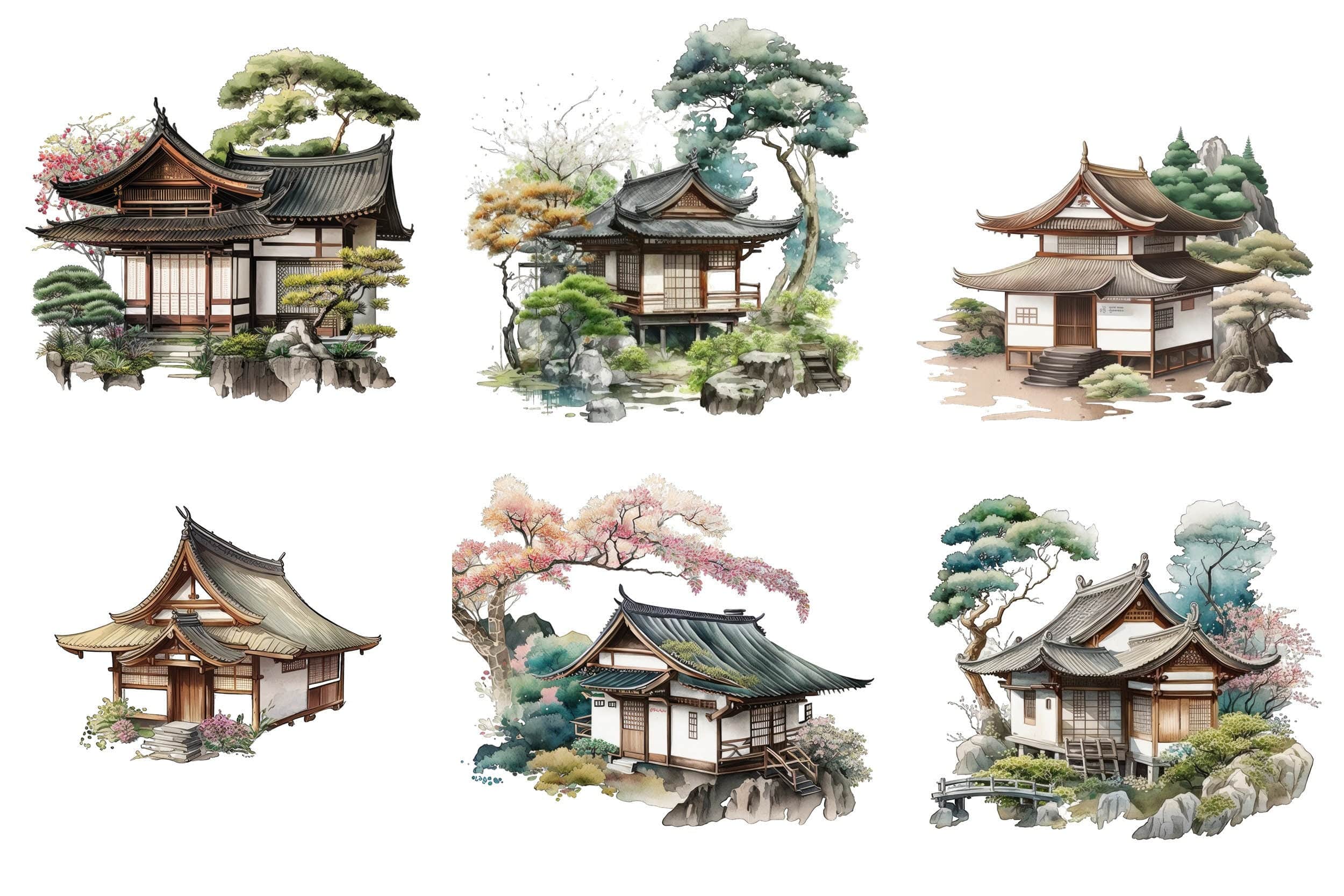 Japanese Cottage House Watercolor Bundle, 60 Images with Japanese PNG Houses, Cottage clipart, Japanese Cottage clipart, Japanese Houses Digital Download Sumobundle