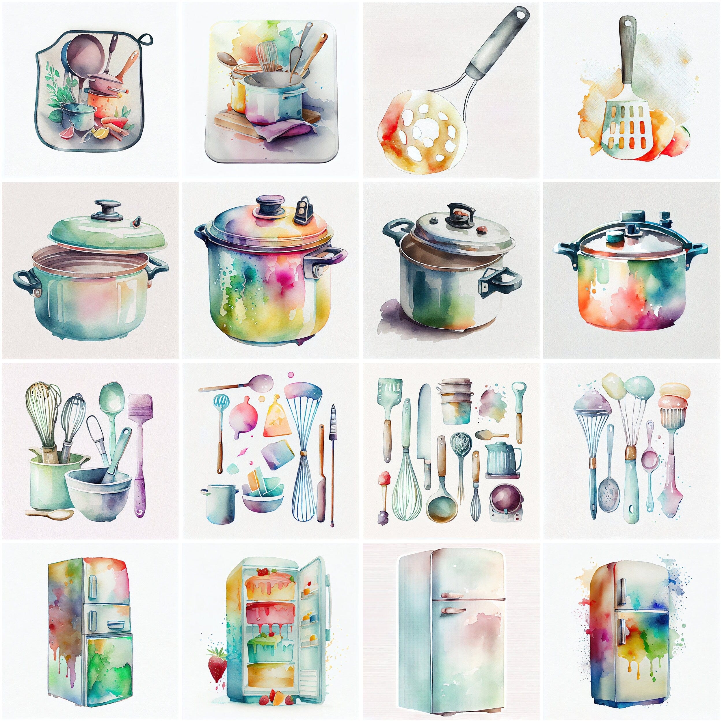 Kitchen Watercolor Appliance Bundle Clipart: 130 High-Quality Images for Your Home Decor Projects, Kitchen sublimation clipart Digital Download Sumobundle