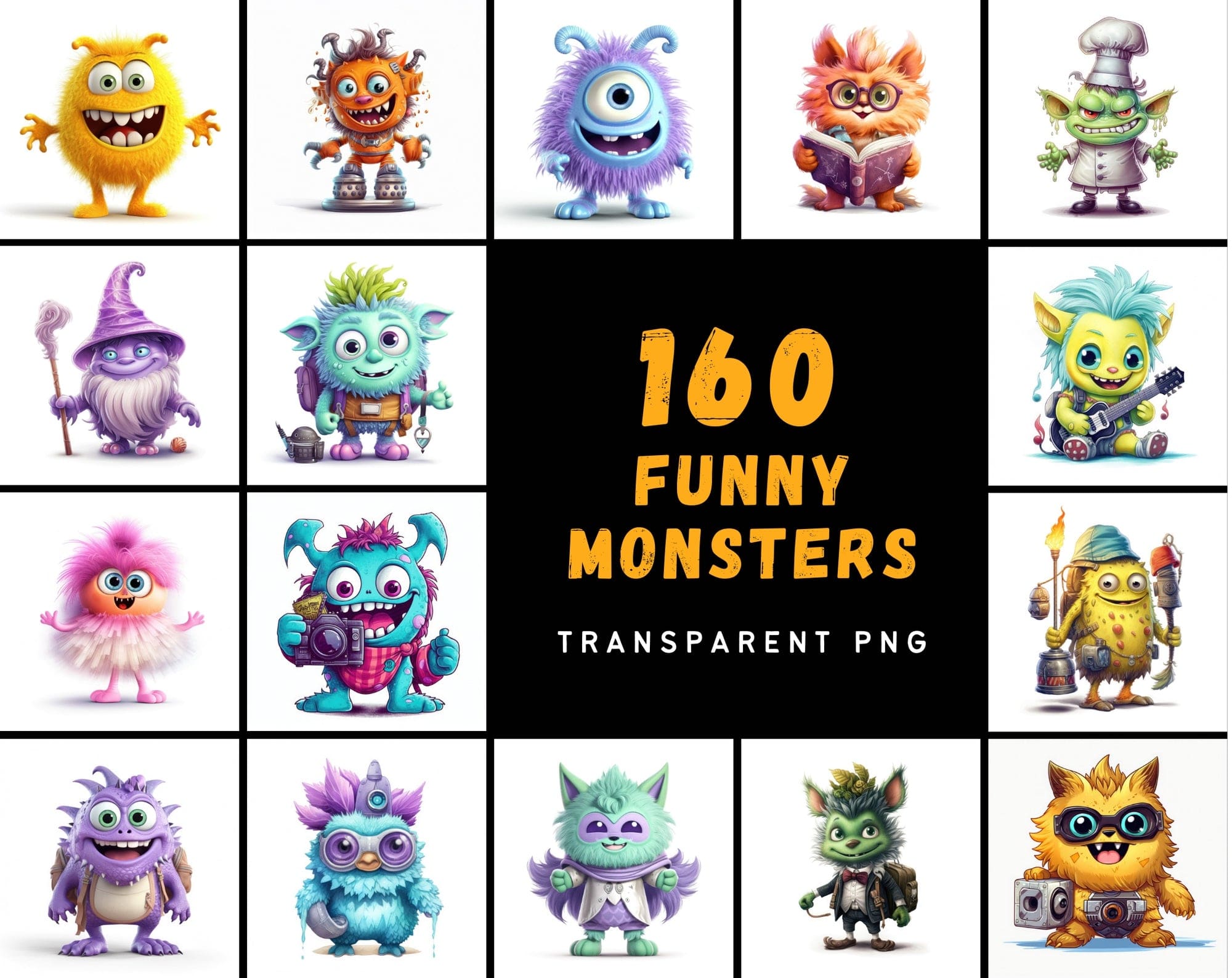 Mega Bundle of Joyful Monsters Digital PNG Images – 160 Creatively Designed Graphics with Commercial Use Rights Digital Download Sumobundle