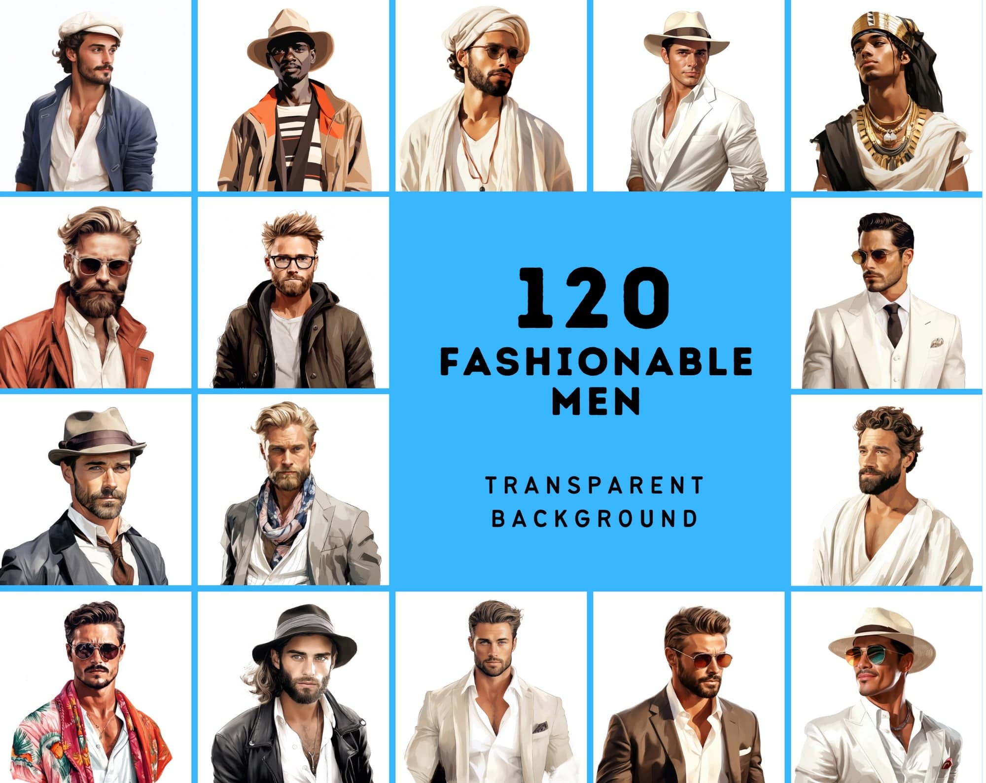 Men of the World: 120 High-Resolution, Commercial Use PNGs Showcasing Stylish Men from Diverse Cultures Digital Download Sumobundle