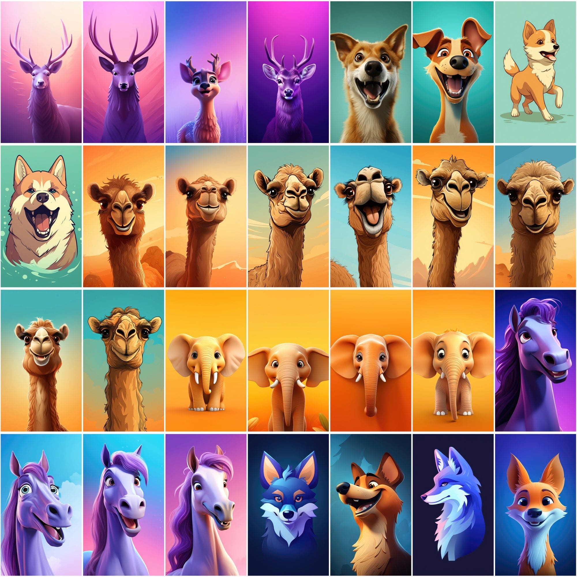 Minimalist Animal Art PNGs, 2D & 3D Cartoonish Designs, High-Resolution Colorful Graphics Digital Download Sumobundle