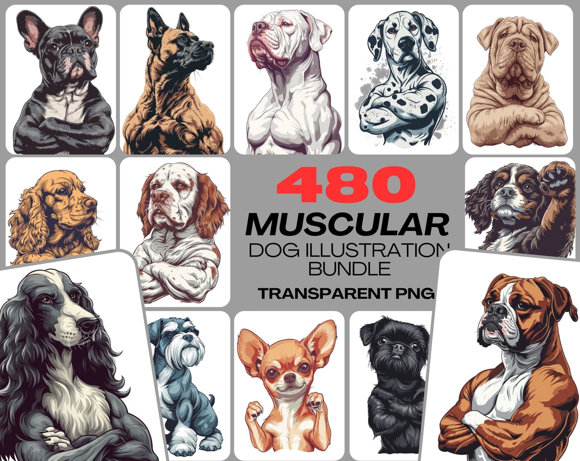 Muscular Dog Illustration Bundle - 480 PNG & JPG Images with Commercial License, Unique & Funny Dog Art Digital Download Sumobundle