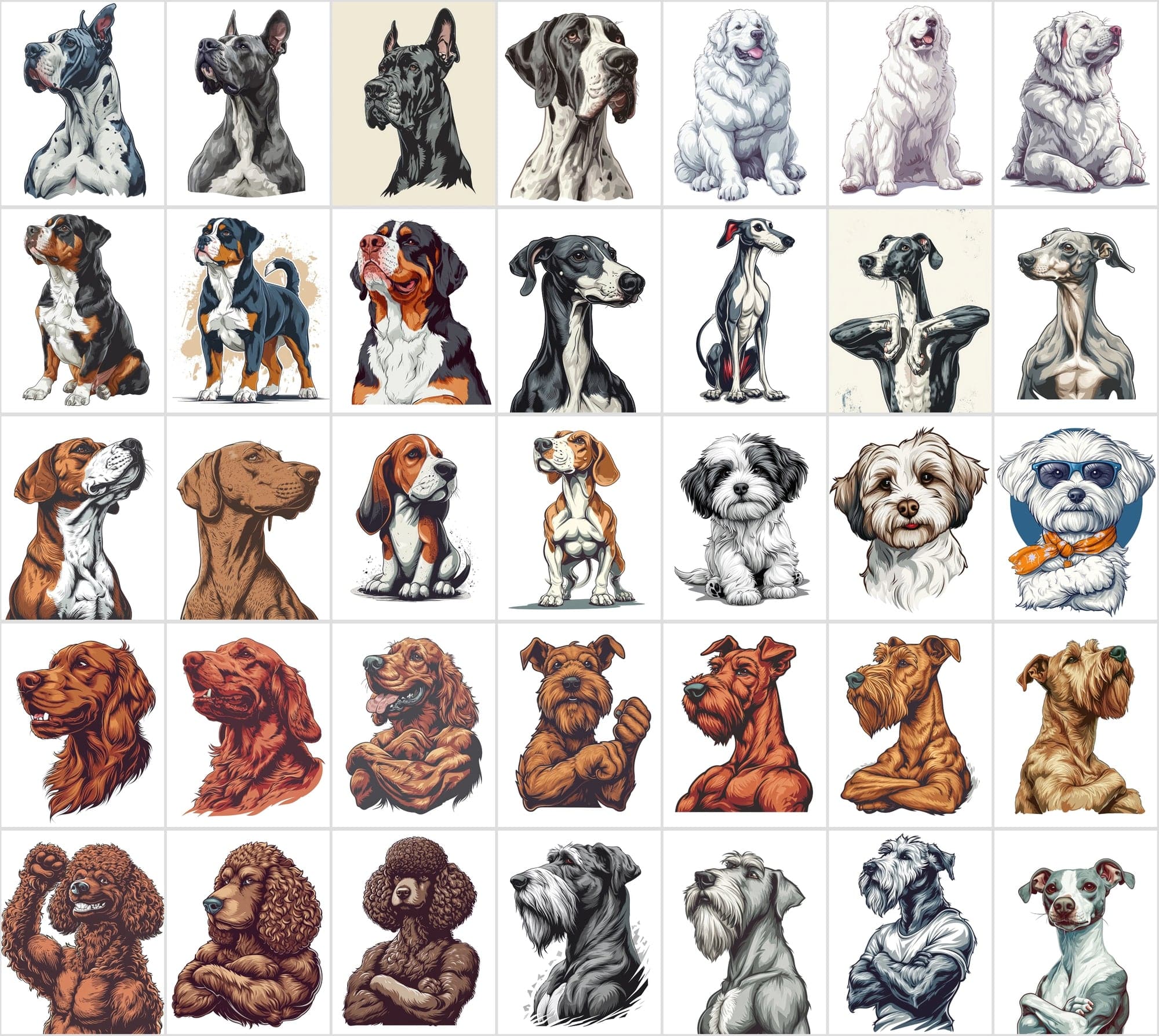 Muscular Dog Illustration Bundle - 480 PNG & JPG Images with Commercial License, Unique & Funny Dog Art Digital Download Sumobundle