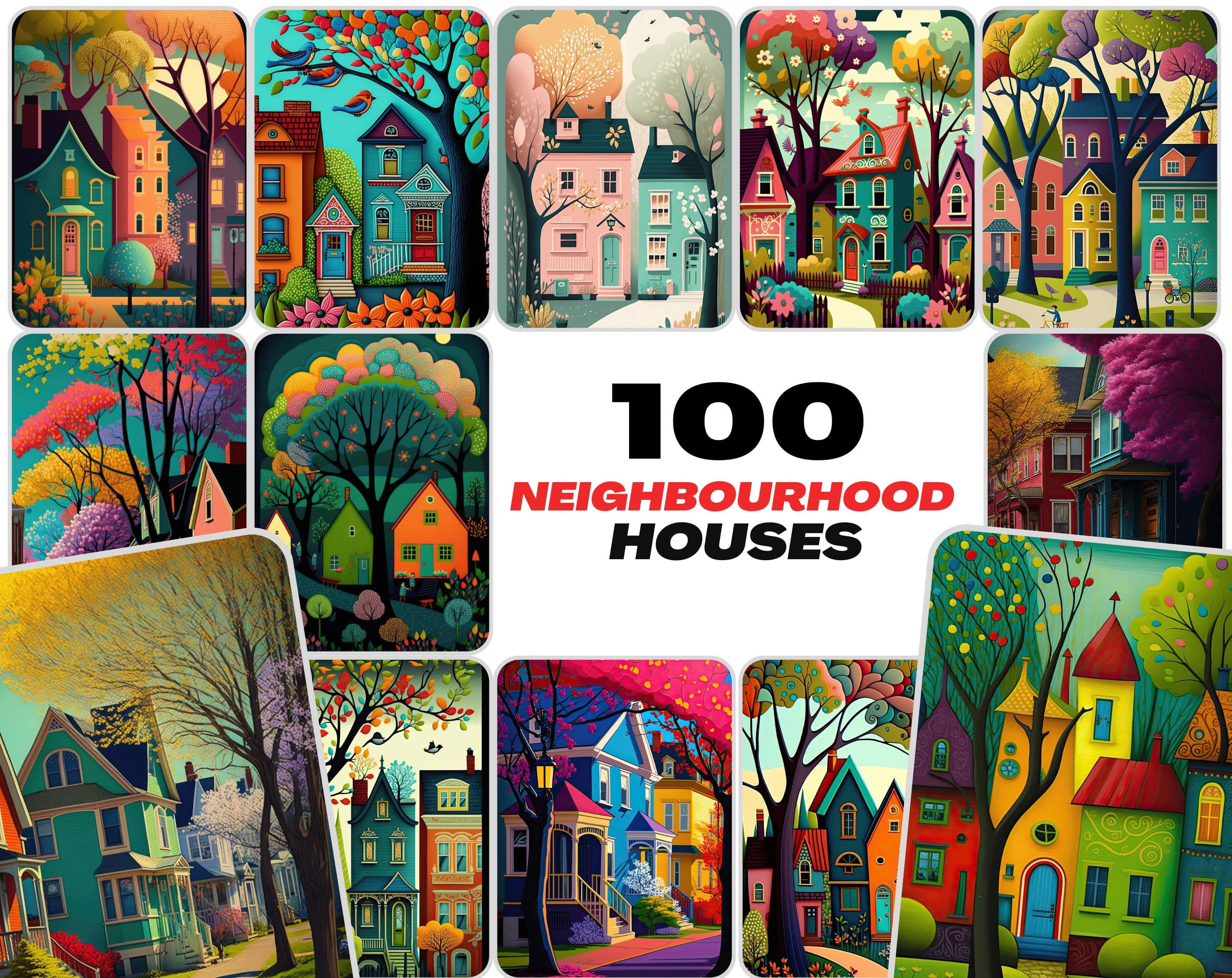 Neighbourhood Houses Backgrounds - Set of 100 Images for Canvas or Print, Houses clipart, Commercial use houses with vibrant colors. Digital Download Sumobundle