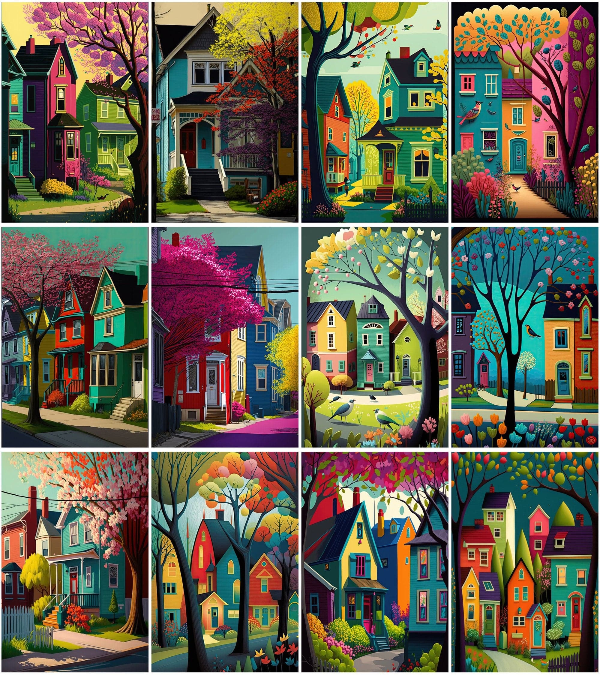 Neighbourhood Houses Backgrounds - Set of 100 Images for Canvas or Print, Houses clipart, Commercial use houses with vibrant colors. Digital Download Sumobundle