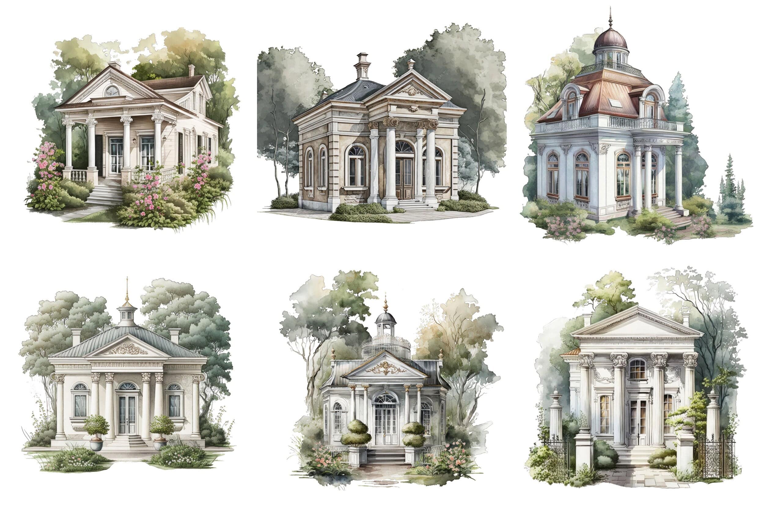 Neoclassical Cottage Houses Clipart Bundle - 63 PNG Transparent Images for Commercial Use, Perfect for Websites, Invitations, Prints. Digital Download Sumobundle