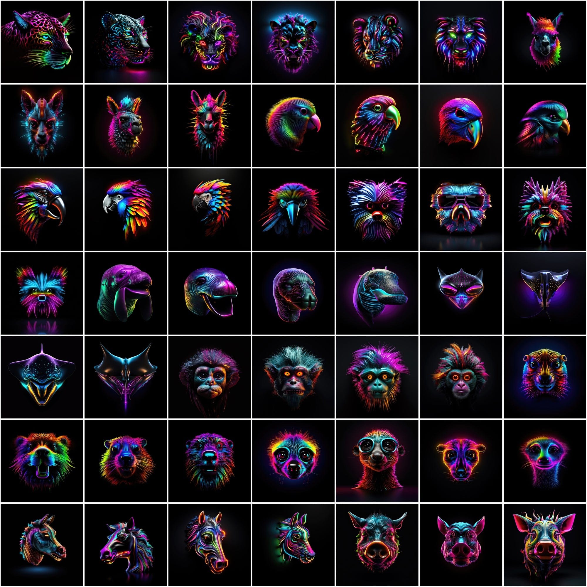 Neon Animal Heads Digital Art Collection - 550 PNG Images with Commercial License, Colorful and Vibrant Digital Download Sumobundle