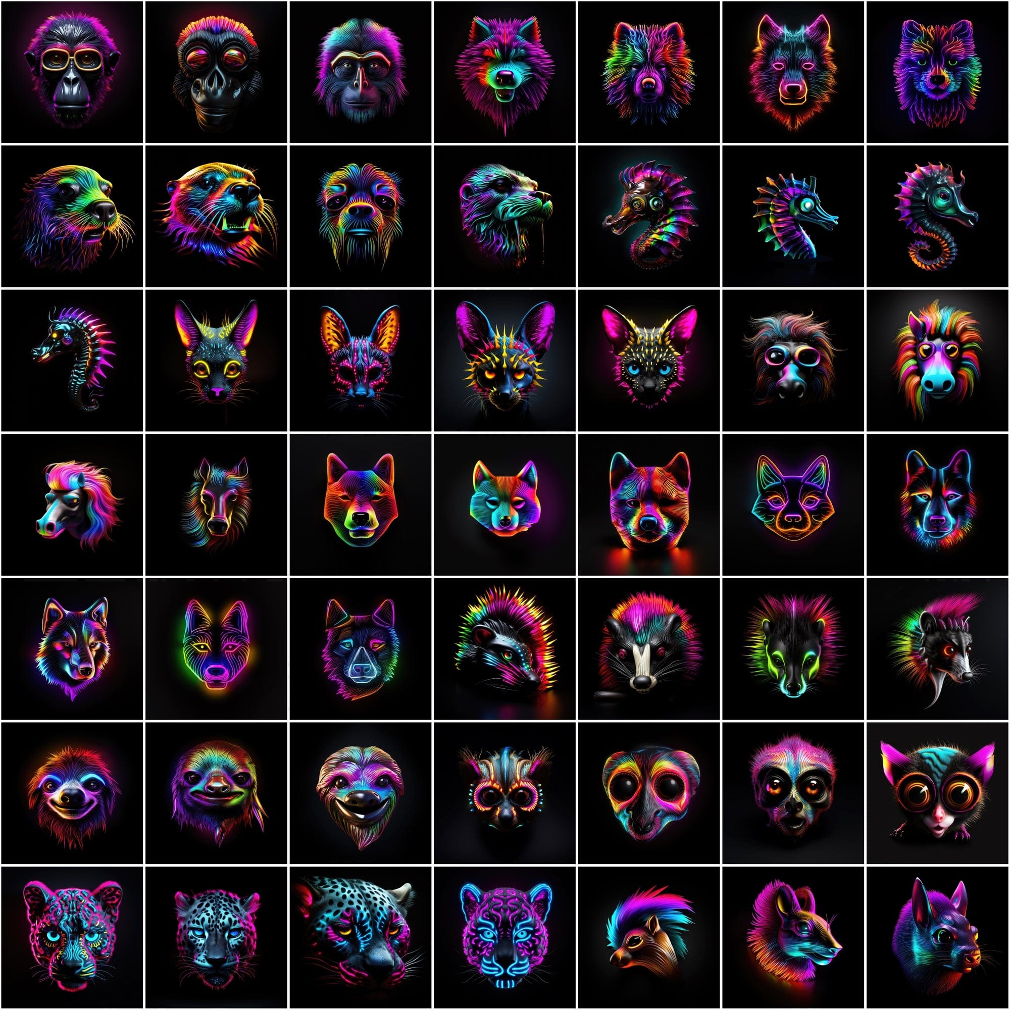 Neon Animal Heads Digital Art Collection - 550 PNG Images with Commercial License, Colorful and Vibrant Digital Download Sumobundle