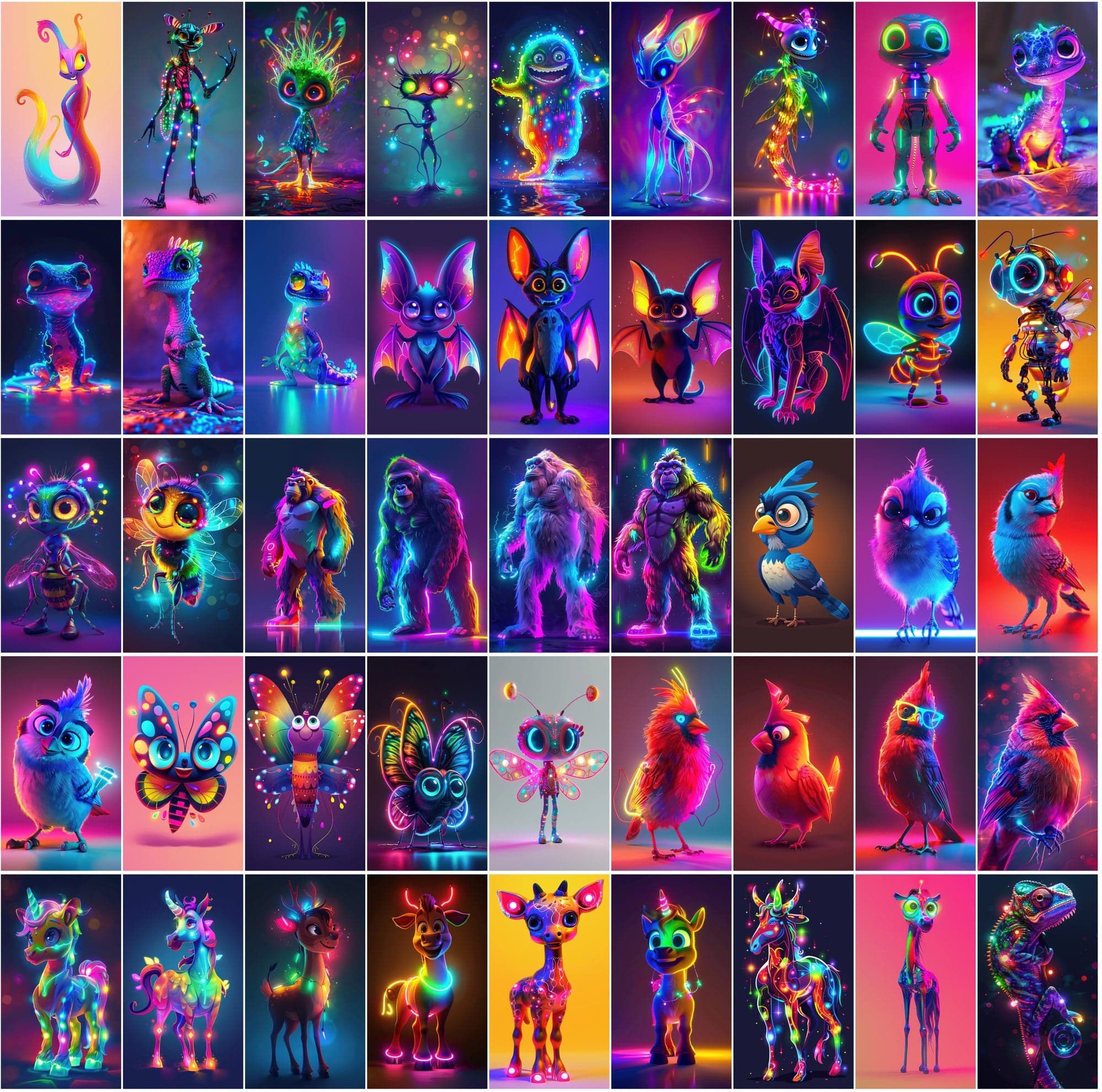 Neon Characters and Animals Collection - 400 Colorful JPG Images with Commercial License Digital Download Sumobundle