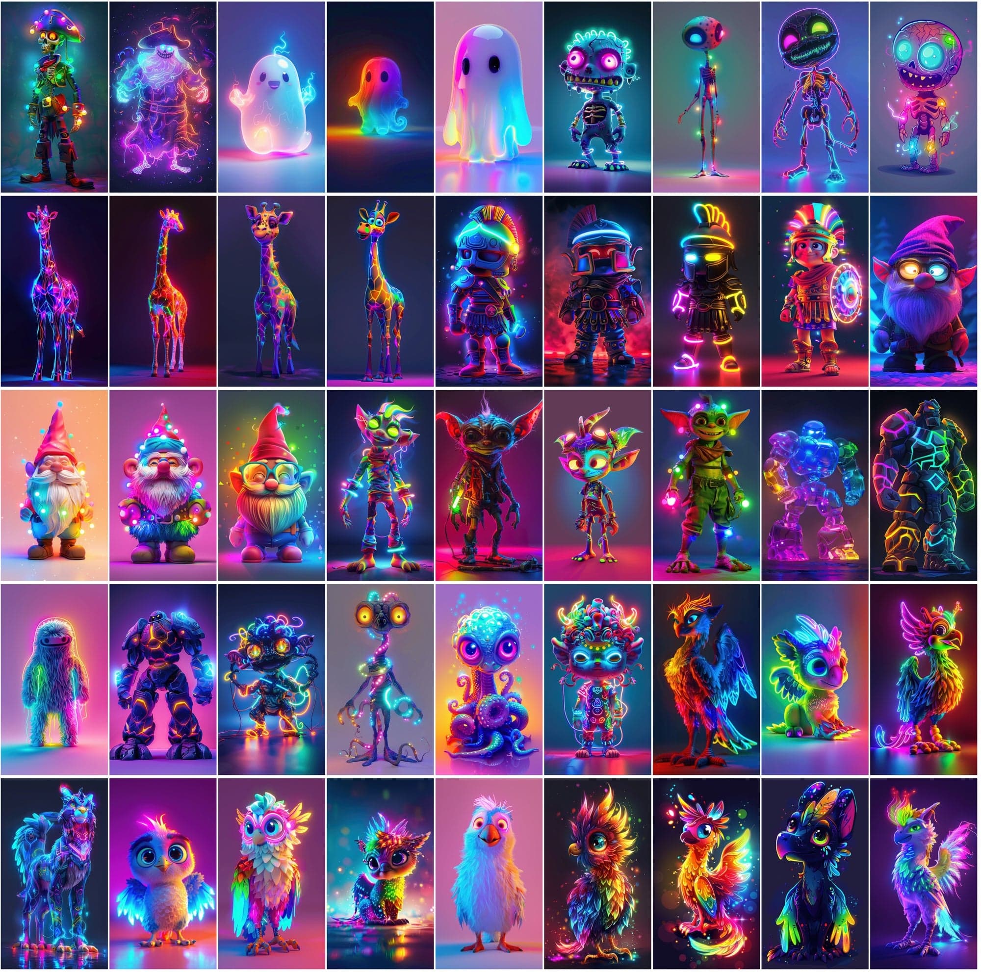 Neon Characters and Animals Collection - 400 Colorful JPG Images with Commercial License Digital Download Sumobundle