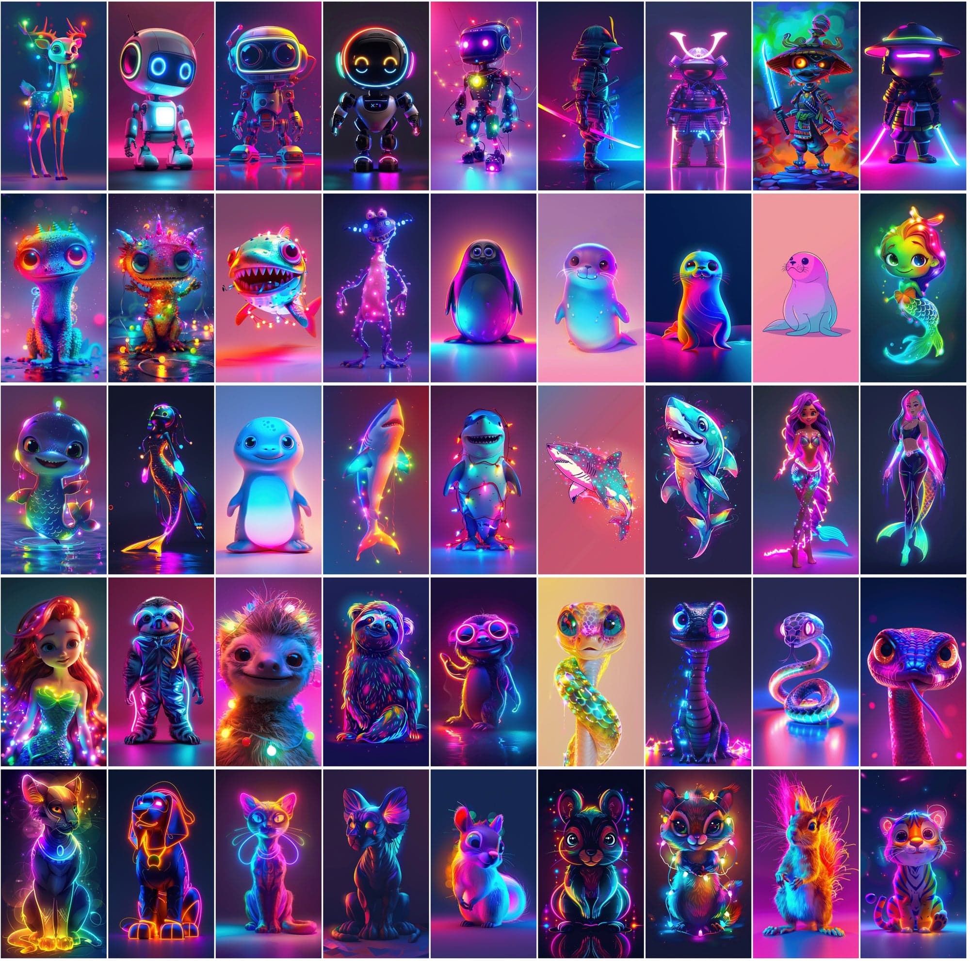 Neon Characters and Animals Collection - 400 Colorful JPG Images with Commercial License Digital Download Sumobundle