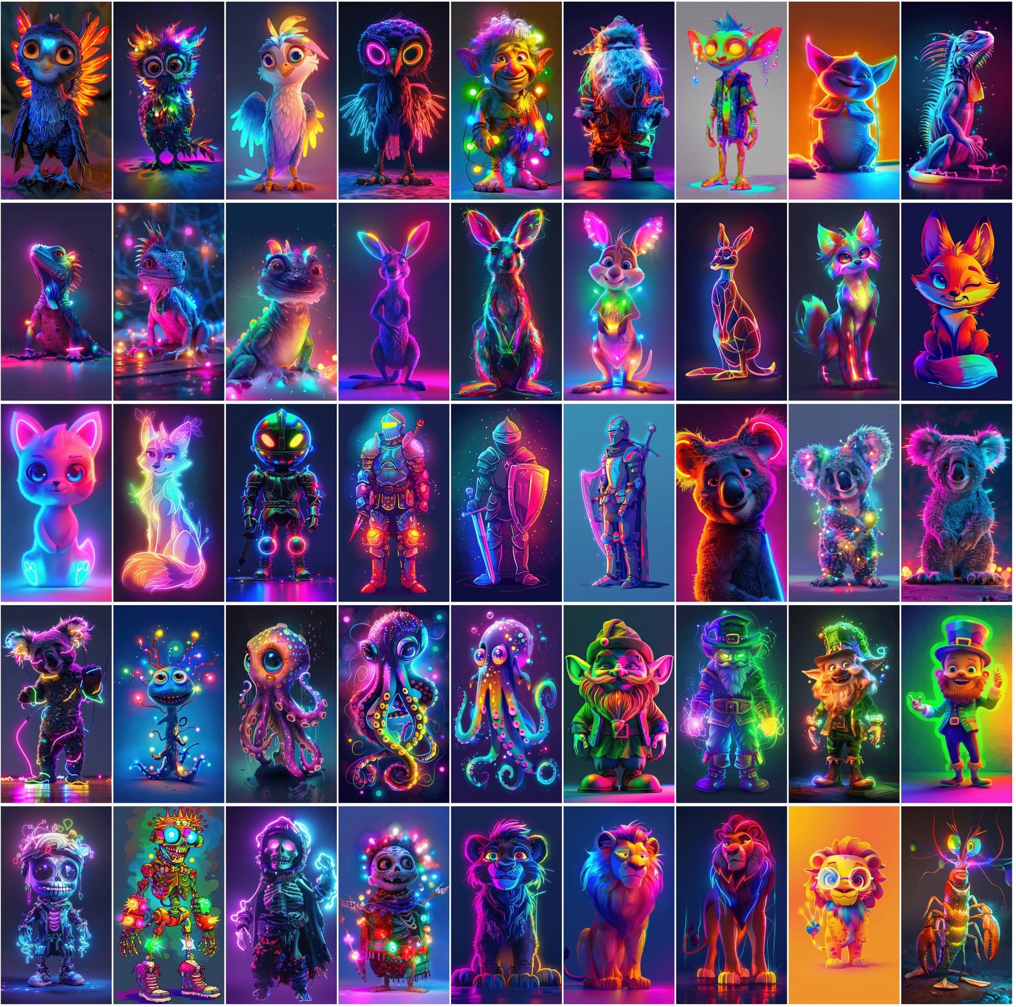 Neon Characters and Animals Collection - 400 Colorful JPG Images with Commercial License Digital Download Sumobundle