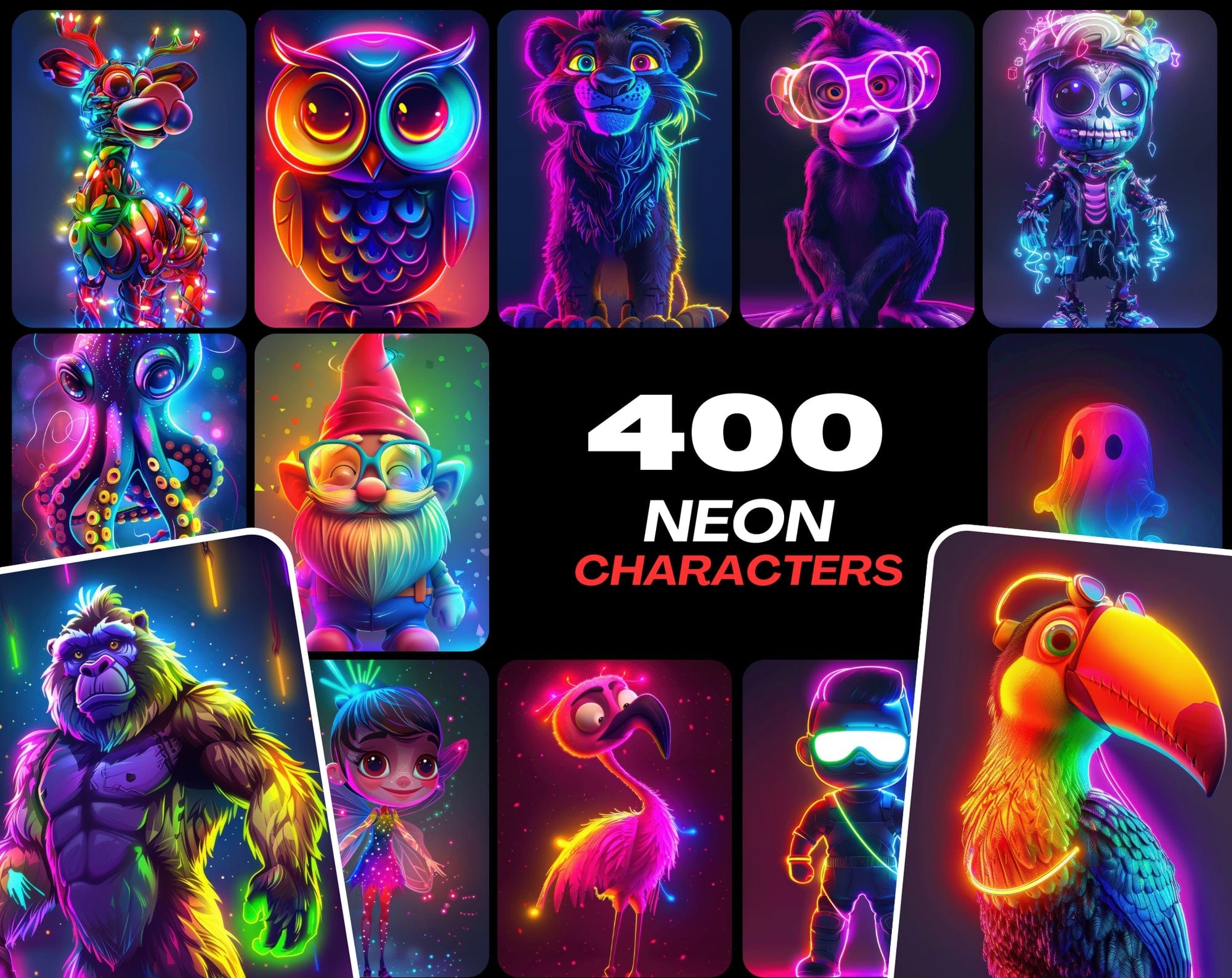 Neon Characters and Animals Collection - 400 Colorful JPG Images with Commercial License Digital Download Sumobundle
