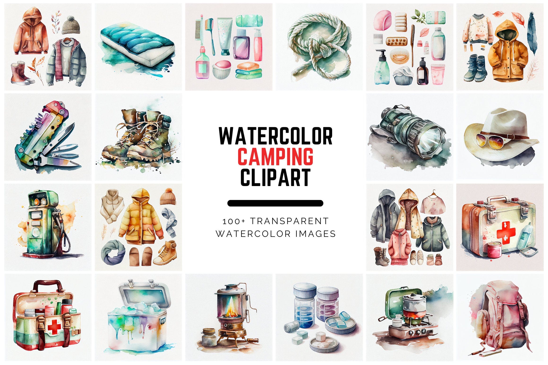 Outdoor Enthusiast's Dream Clipart Bundle: Camping Edition, Watercolor camping transparent clipart, Commercial license, Transparent PNG Digital Download Sumobundle