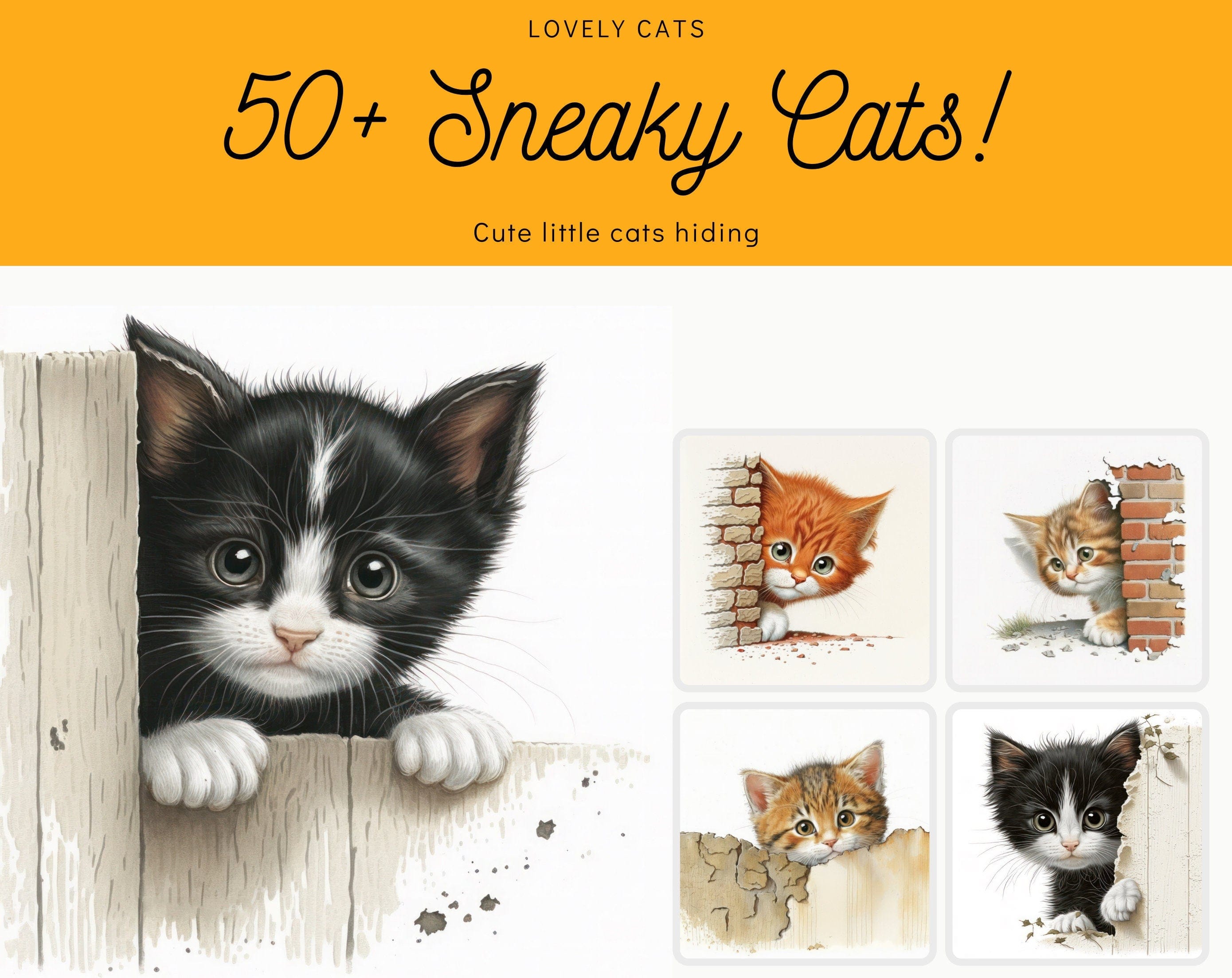 Peekaboo Cats: Adorable Collection of 50 Playful Feline Images, Perfect for Cat Lovers and Wall Art Enthusiasts, Commercial Use Digital Download Sumobundle