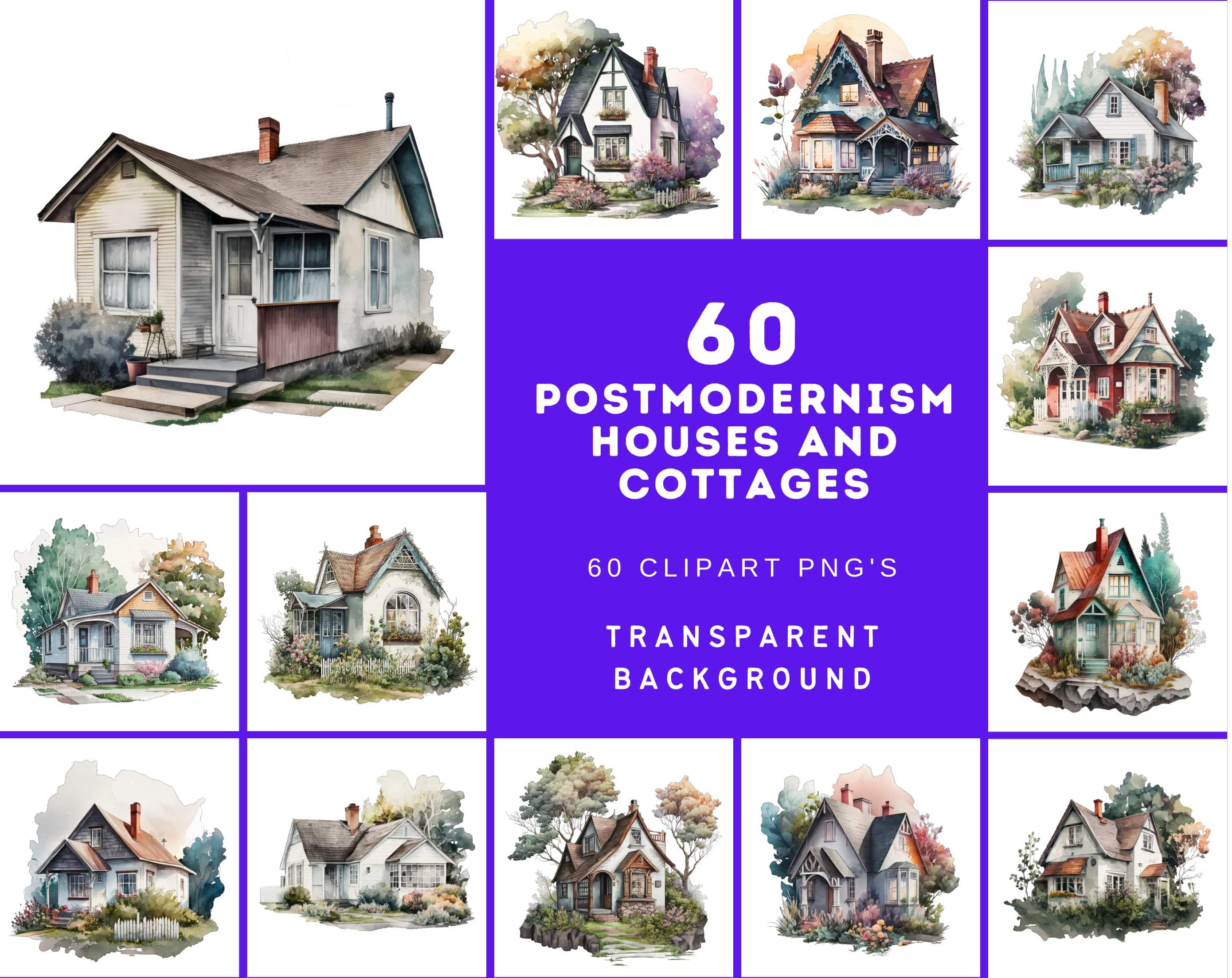 Postmodern Watercolor Cottage & House Bundle - 60 Transparent Images - Digital Download Digital Download Sumobundle