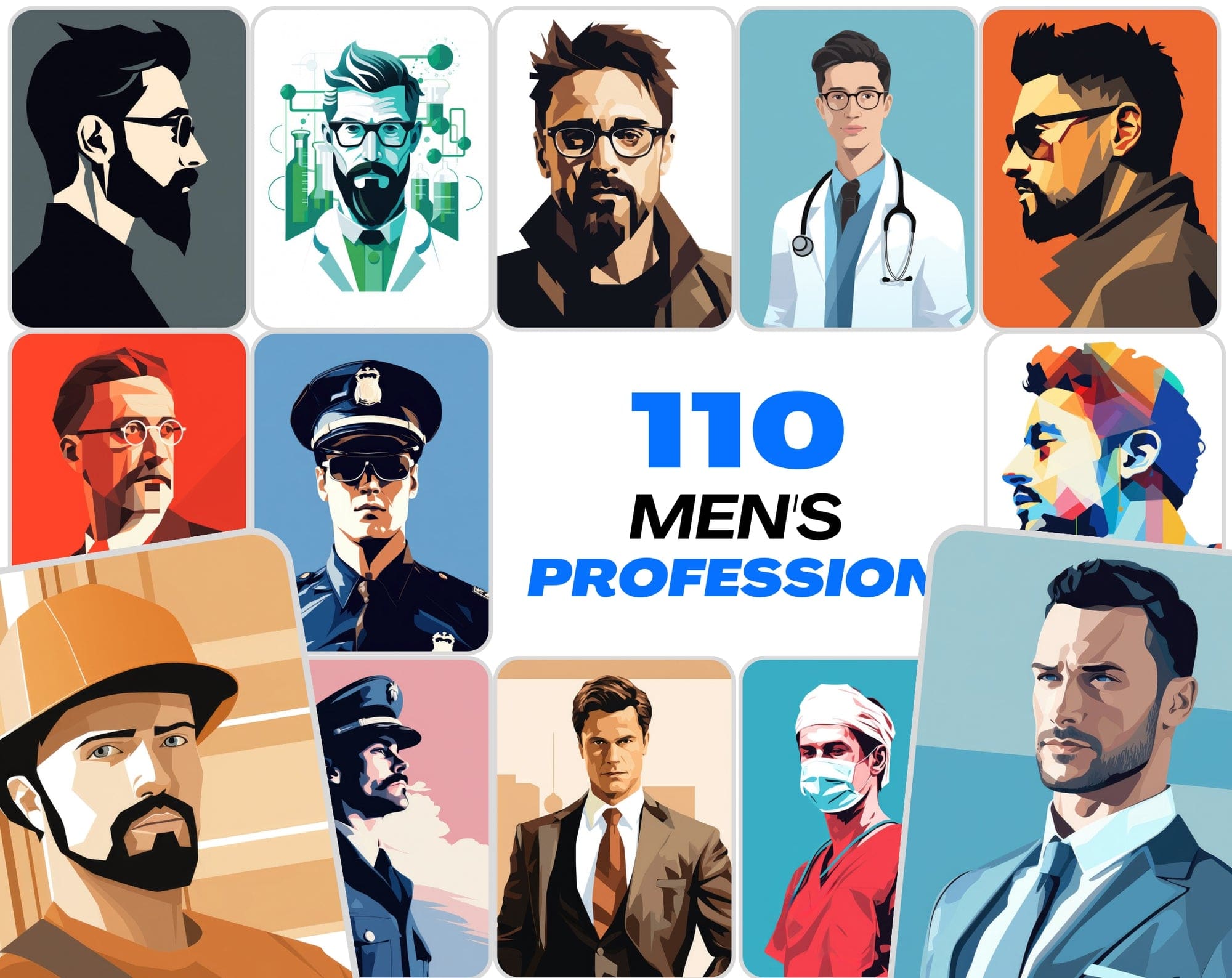 Premium Men's Profession PNGs - 110 High-Quality Colorful Images of Different Jobs Digital Download Sumobundle