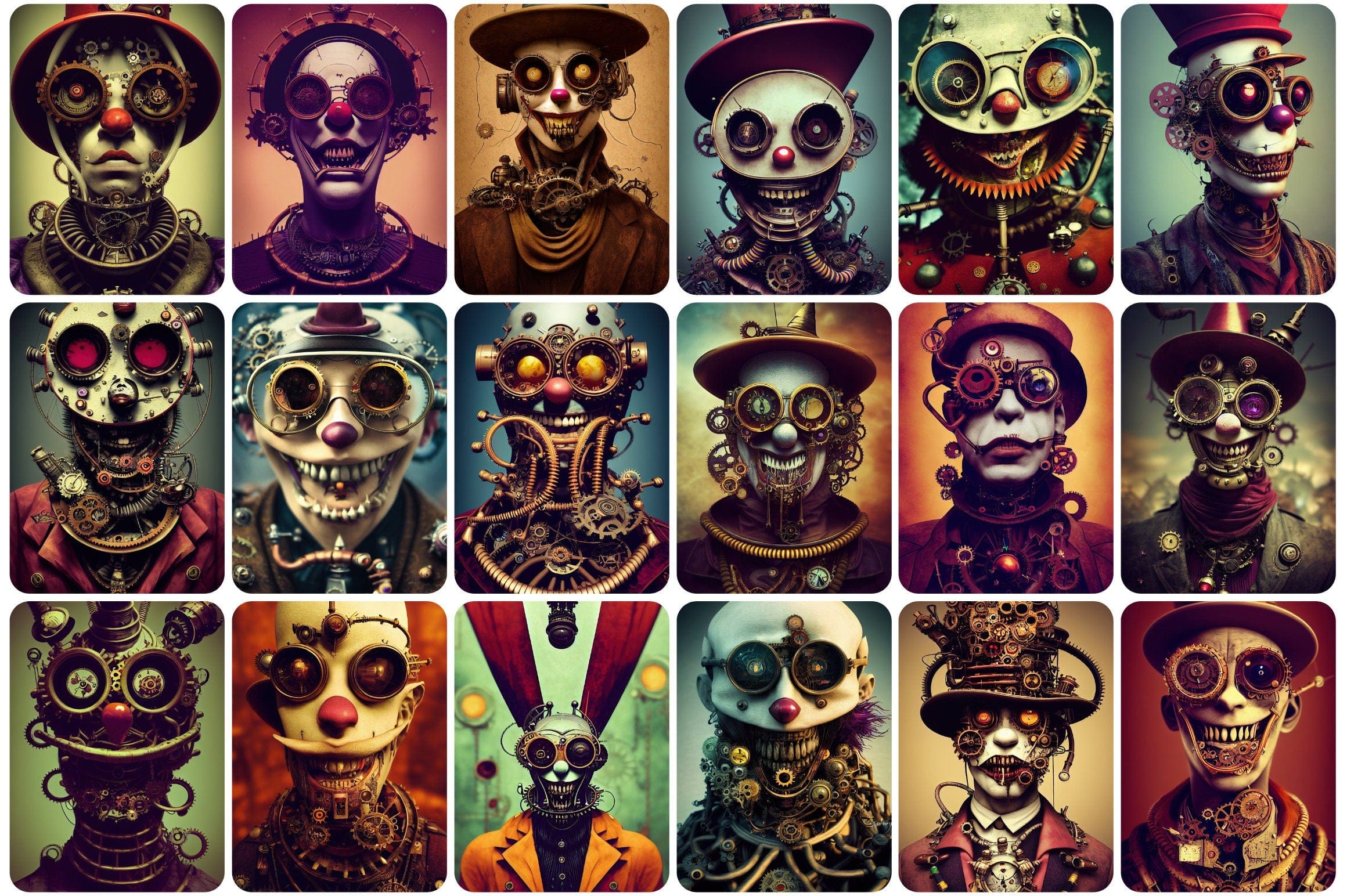 Printable wall art: 200+ Steampunk characters with evil clowns and skulls. Printable Wall Art Set, Digital Download Digital Download Sumobundle